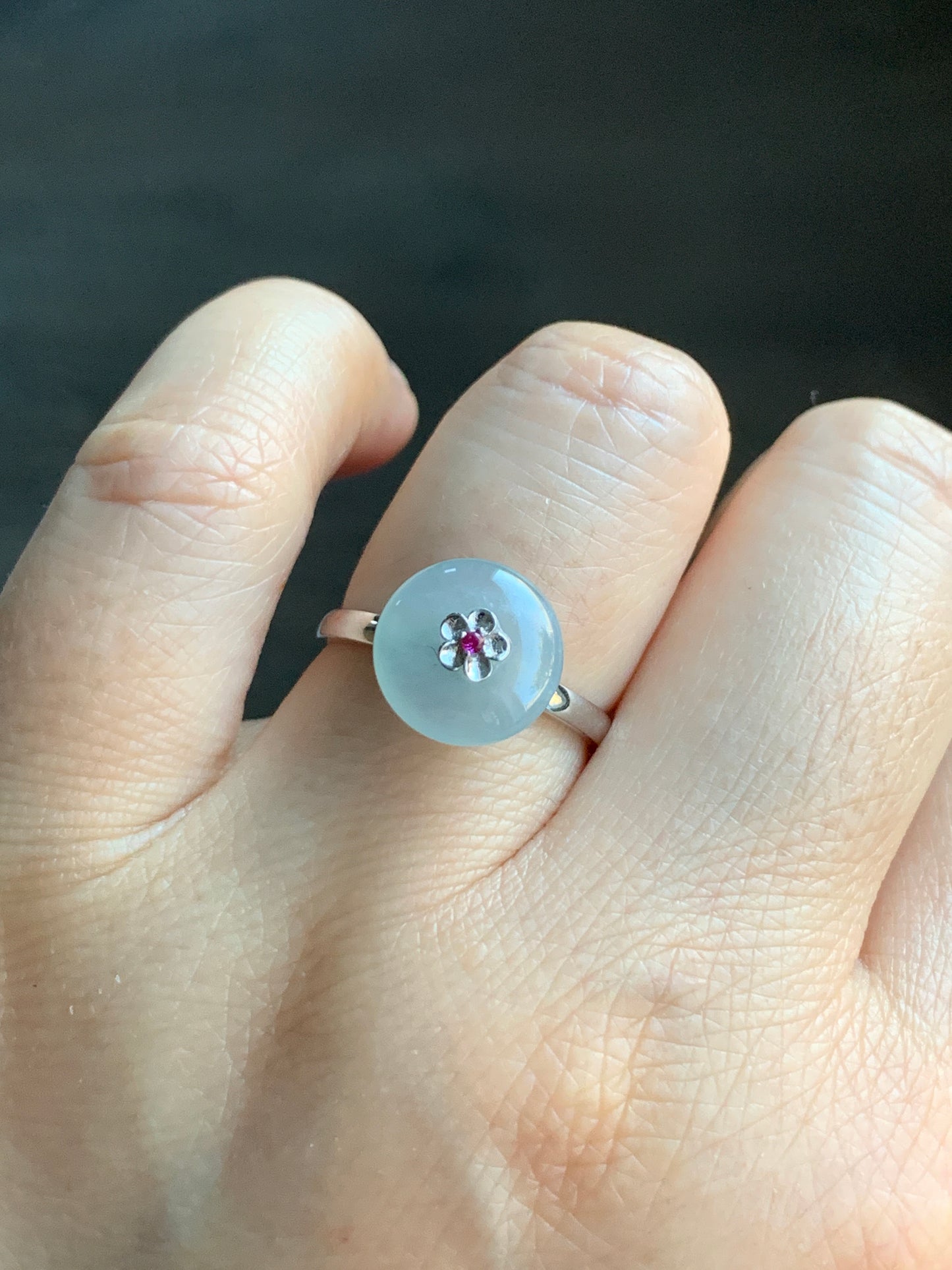 Certified Grade A Natural Icy Highly Translucent Gelatinous Light Blue Jadeite Drum Bead Ring 18K White Gold Ruby Sz 7 US 天然冰胶淡蓝翡翠鼓珠红宝石镶嵌戒指