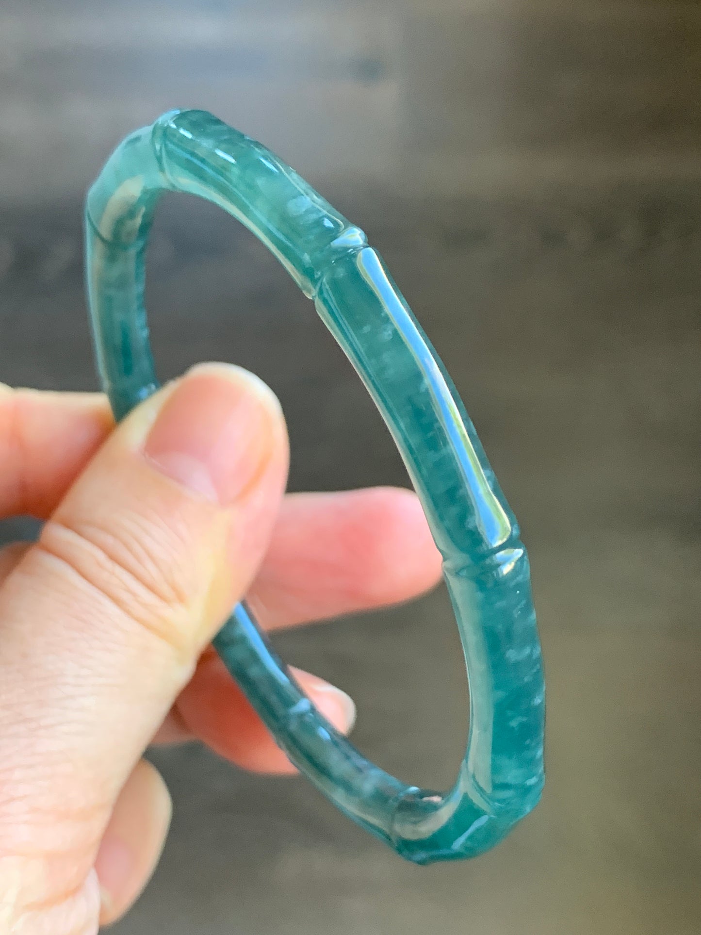 Certified Natural Grade A Icy Translucent Gelatinous Dark Teal Green Jadeite Carved Bamboo Bangle Bracelet 60.7mm 7.5” 21g 天然冰危深篮绿翡翠竹节手镯 7829
