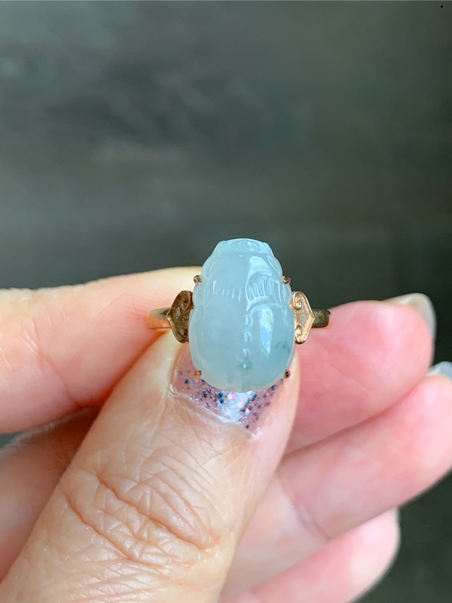Certified Natural Grade A Icy Translucent Gelatinous Green Marbled Jadeite Pixiu Ring Size 7 18K Rose Gold 3.74g 天然冰淡晴底飘花翡翠貔貅镶嵌戒指 7065