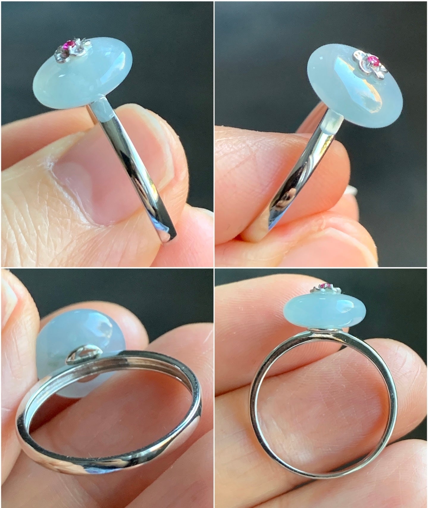 Certified Grade A Natural Icy Highly Translucent Gelatinous Light Blue Jadeite Drum Bead Ring 18K White Gold Ruby Sz 7 US 天然冰胶淡蓝翡翠鼓珠红宝石镶嵌戒指
