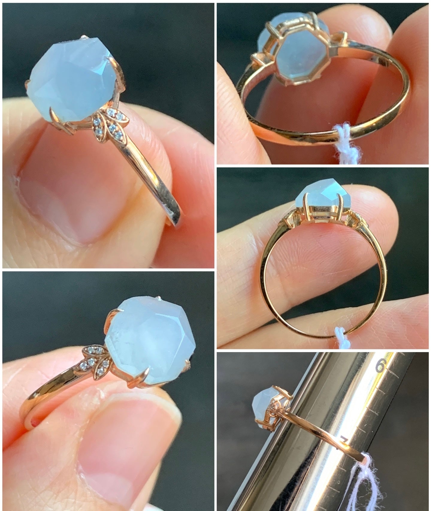 Certified Grade A Natural Icy Translucent Light Purple Jadeite Faceted Cabochon Ring 18K Rose Gold Diamonds Size 7 US 2.26g 天然冰紫翡翠切割面镶嵌钻石戒指