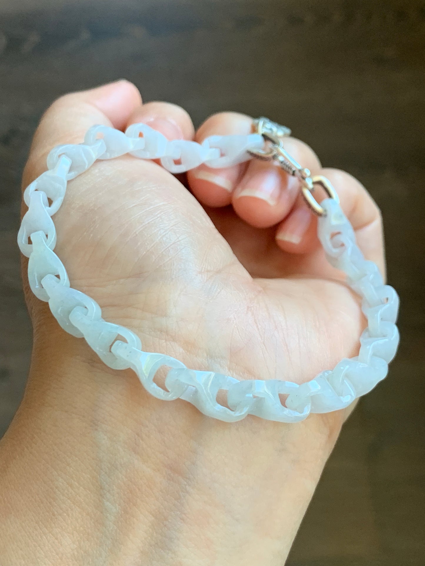 Natural Grade A Icy Translucent White Jade Jadeite Carved Interlocking Dragon Bone Chain Bracelet Sterling Silver Adjustable