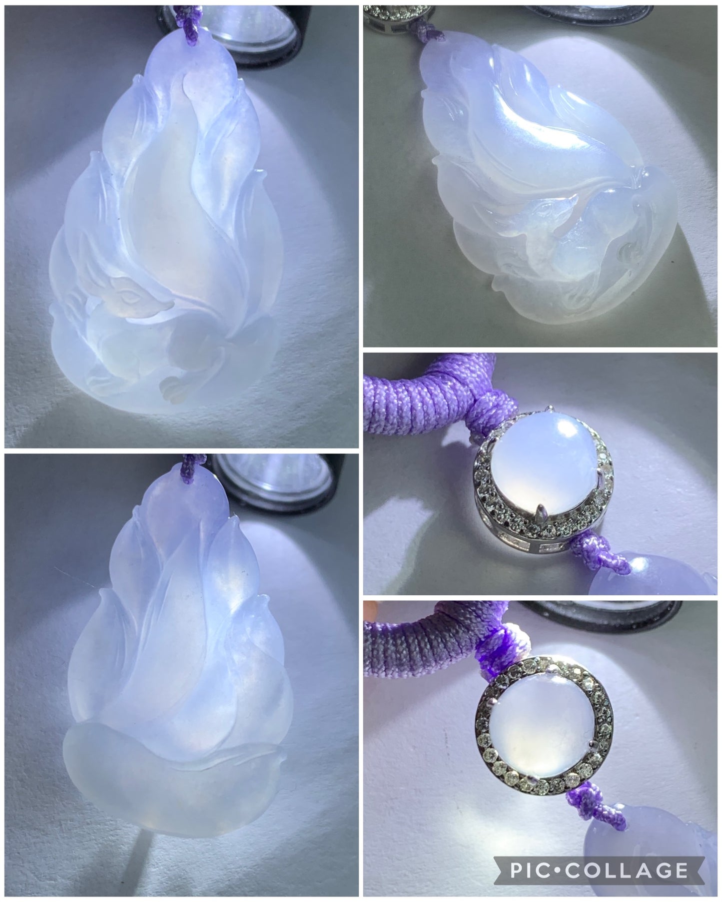 Certified Natural Icy Translucent Gelatinous Soft Purple Jadeite Carved Nine-Tailed Fox Pendant Rope Necklace 26" 天然冰胶淡紫翡翠九尾狐吊坠 3270