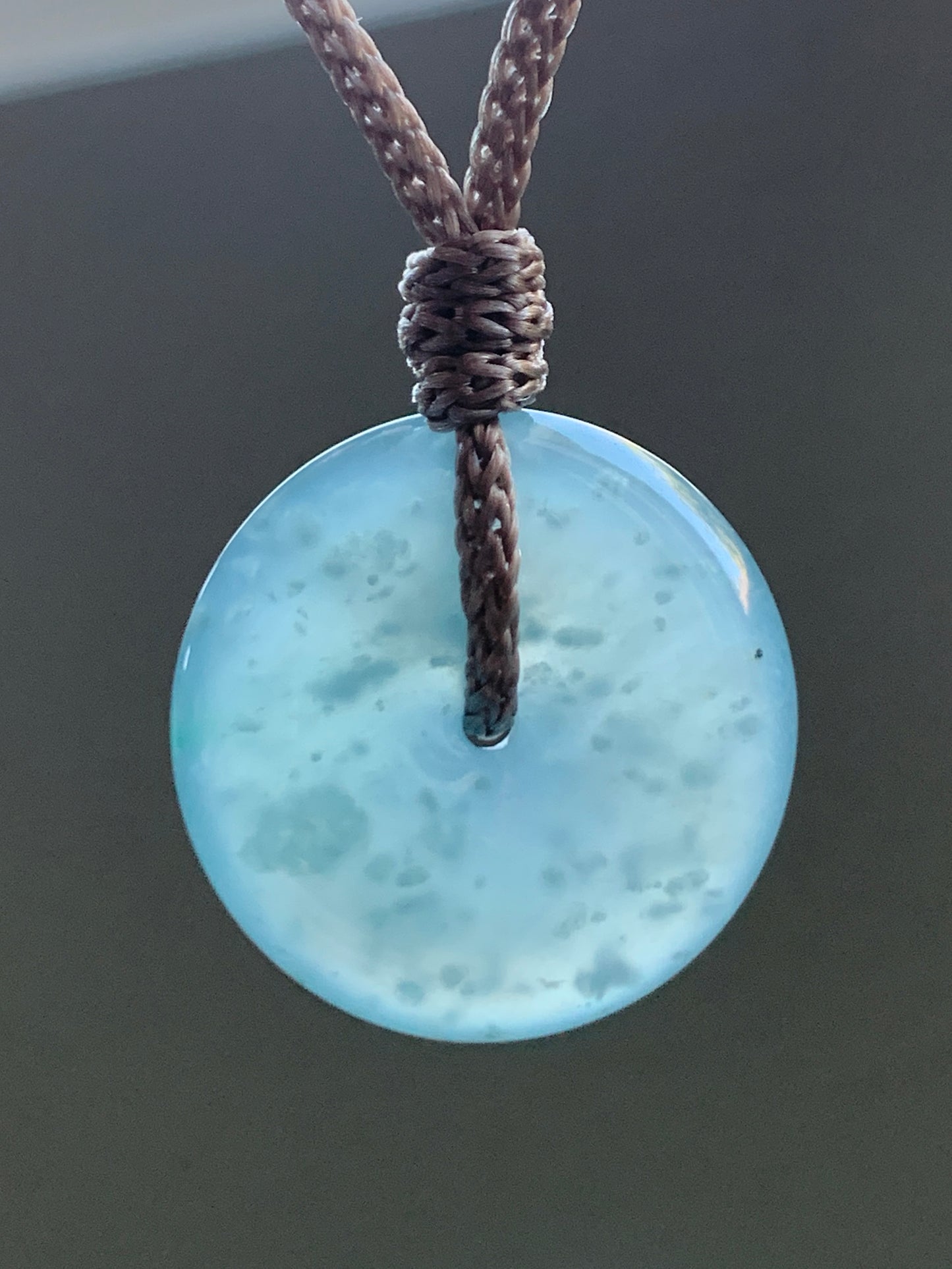 Certified Natural Icy Highly Translucent Premium Light Blue Jadeite Ping An Kou Donut Pendant Rope Necklace Adjustable 24” 天然冰危淡蓝起胶起光翡翠平安扣吊坠 7832