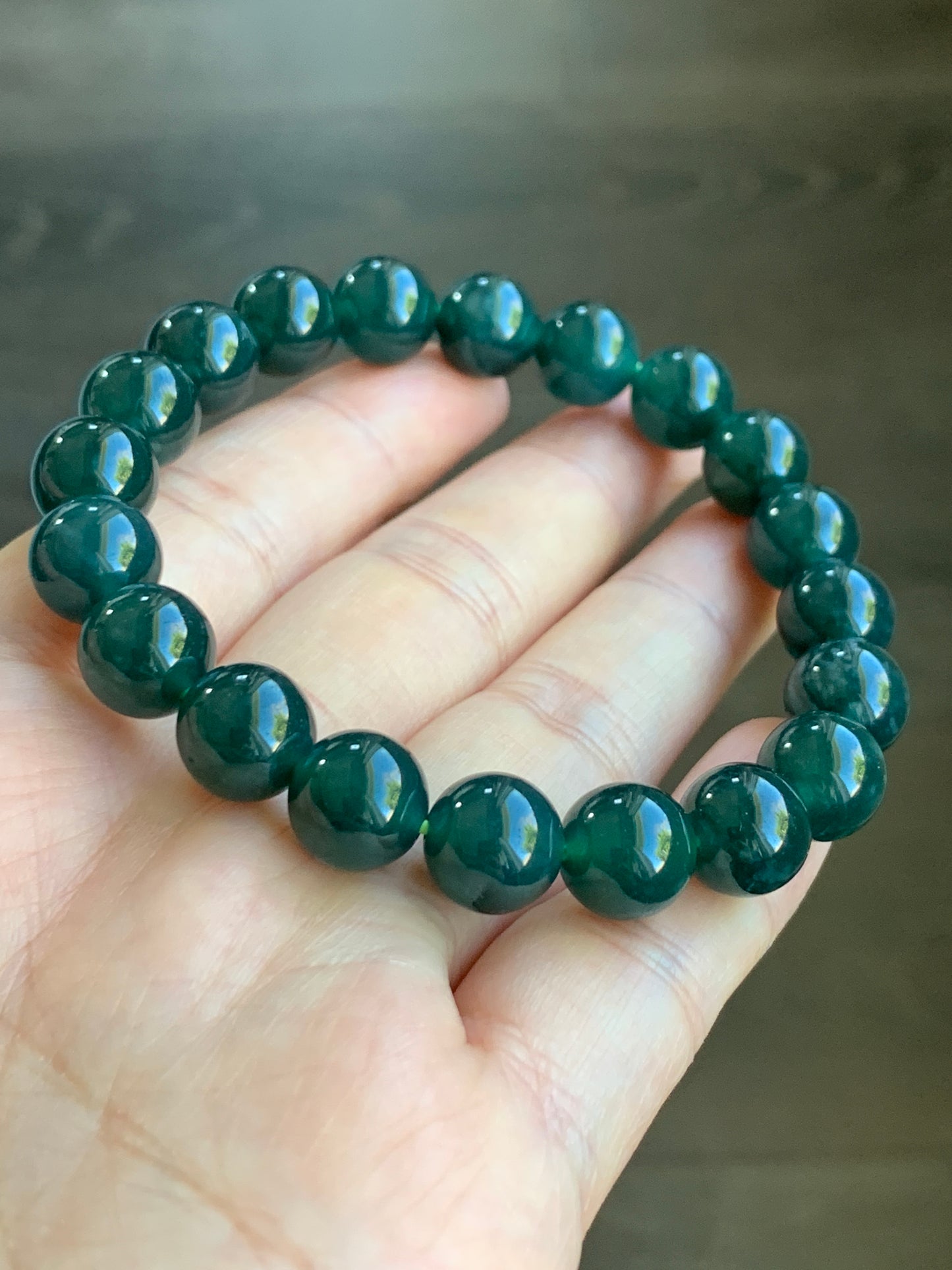 Natural Grade A Icy Translucent Gelatinous Dark Teal Green Jadeite Beaded Bracelet 9.9mm 7.25” 34g WLC300