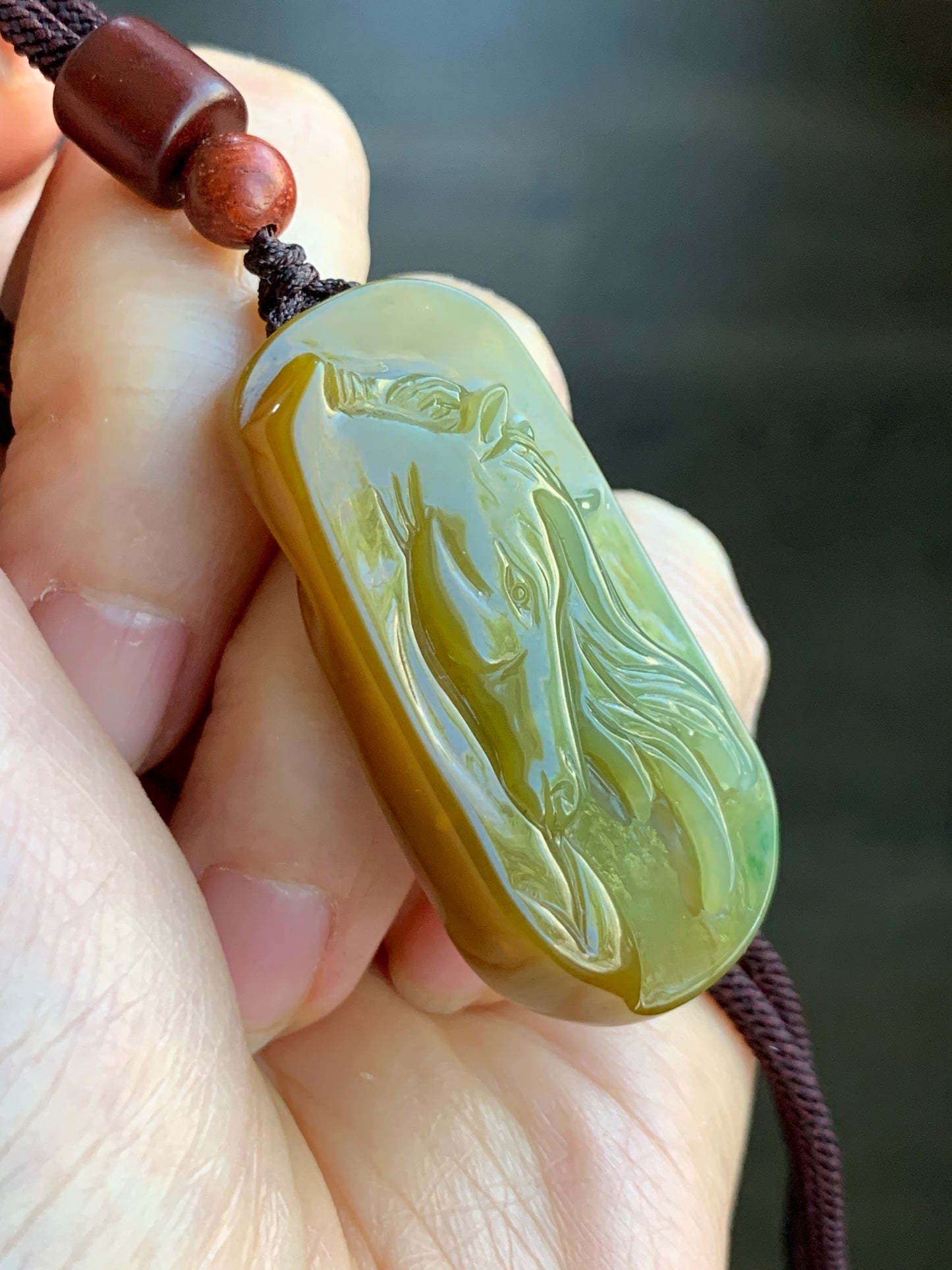 Stunning Natural Guatemalan grade A Icy Translucent Intense Yellow Jadeite w/ Green Marbling Horse Pendant Rope Necklace 天然冰危浓黄飘绿翡翠马牌吊坠挂件