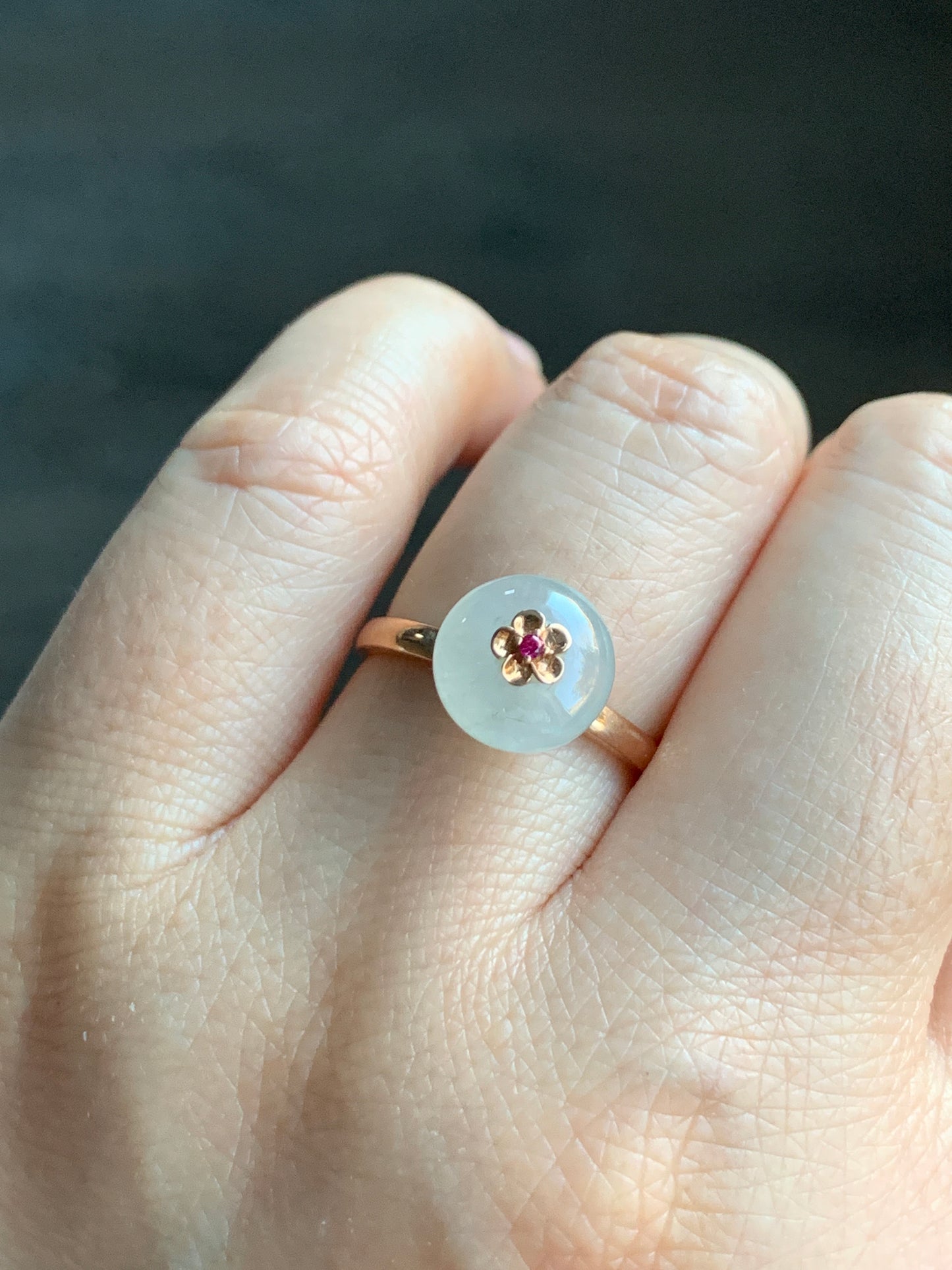 Certified Grade A Icy Highly Translucent Gelatinous White Jadeite Drum Bead Ring 18K Rose Gold & Ruby Sz 7 US 天然正白冰翡翠鼓珠红宝石K玫镶嵌戒指