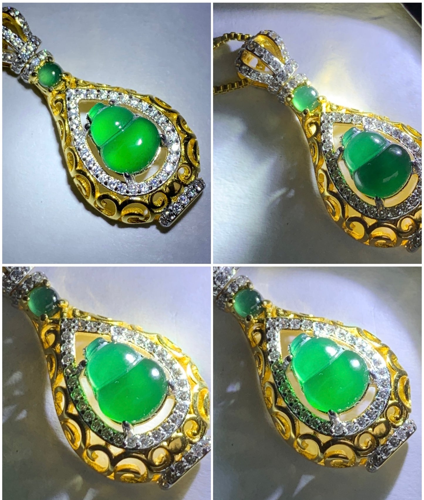 Natural Guatemalan Premium Vibrant Green Jadeite Hulu Gourd Pendant S925 Silver Yellow Gold Finish 天然老种高危冰绿翡翠葫芦镶嵌吊坠