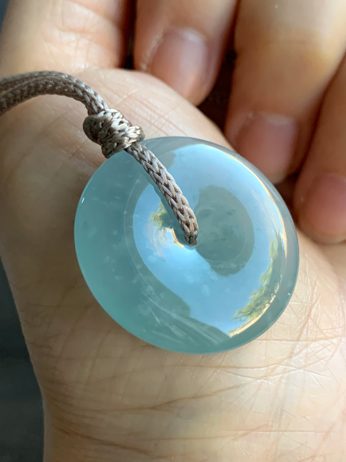 Certified Natural Icy Highly Translucent Premium Light Blue Jadeite Ping An Kou Donut Pendant Rope Necklace Adjustable 26” 天然冰危淡蓝起胶起光翡翠平安扣吊坠 7831
