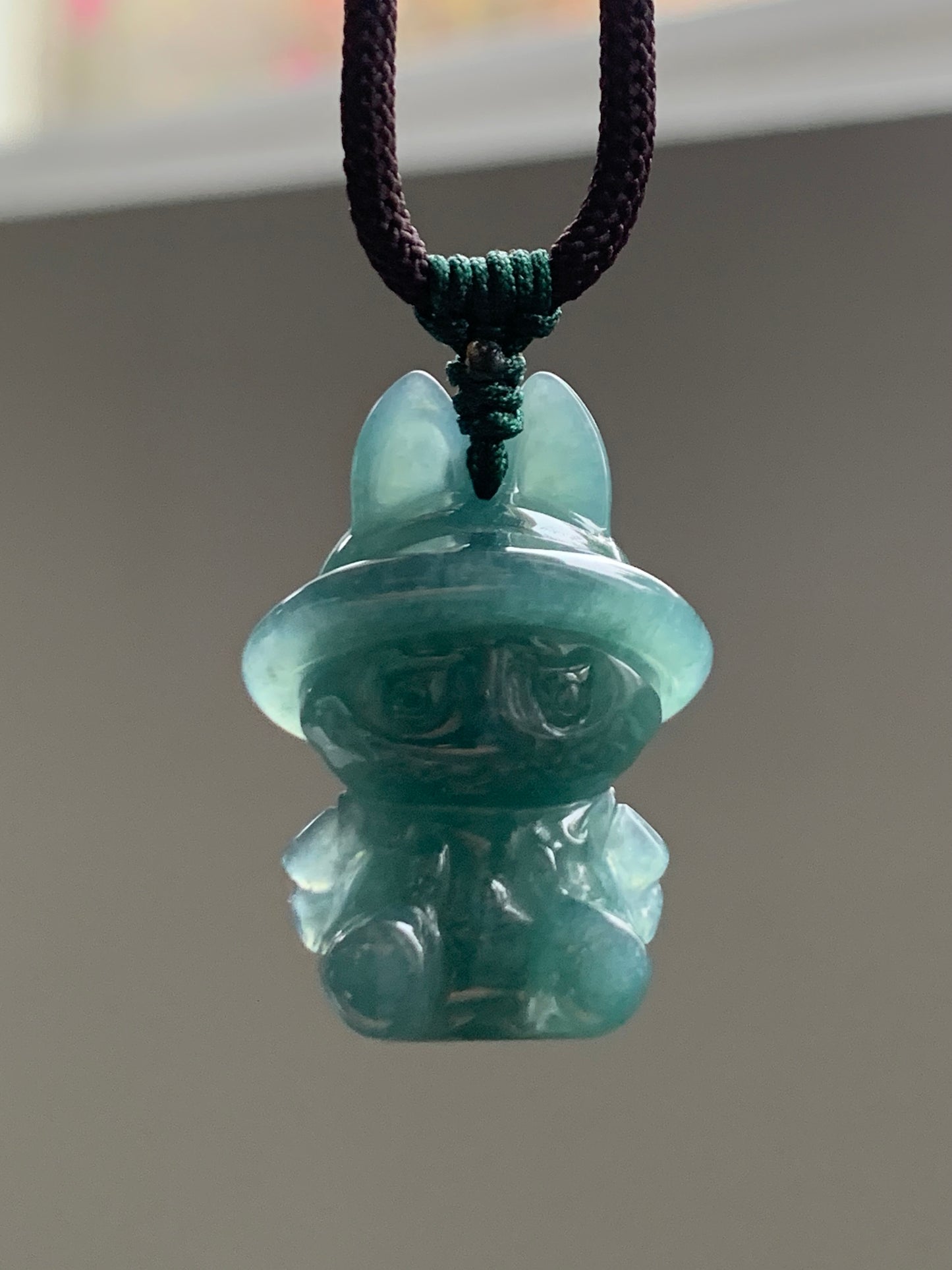 Natural Grade A Guatemalan Icy Translucent Gelatinous Dark Teal Blue Jade Jadeite Carved Labubu Pendant Rope Necklace 26” 天然冰胶危深蓝绿翡翠拉布布吊坠 LBB88
