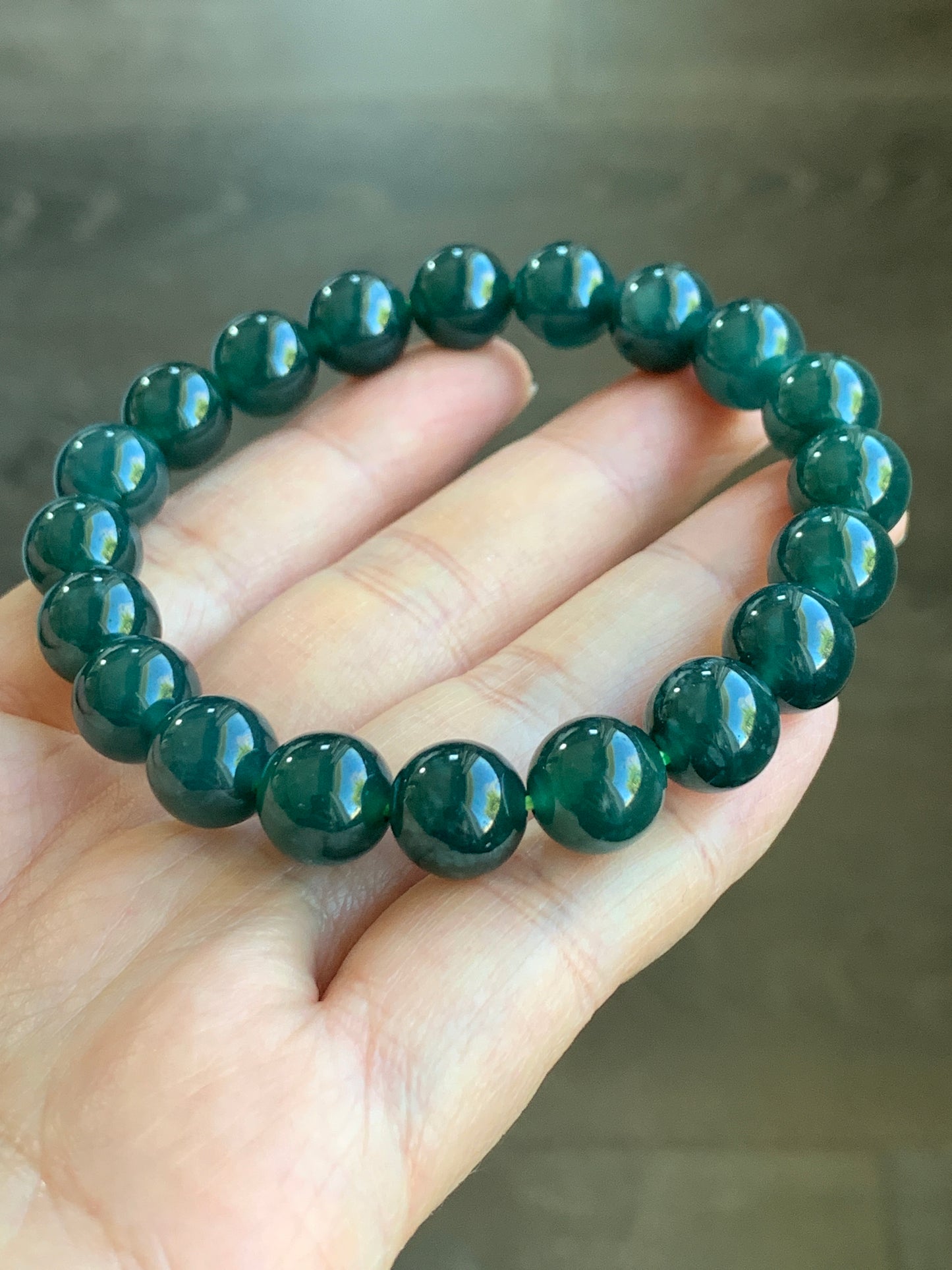 Natural Grade A Icy Translucent Gelatinous Dark Teal Green Jadeite Beaded Bracelet 9.9mm 7.25” 34g WLC300