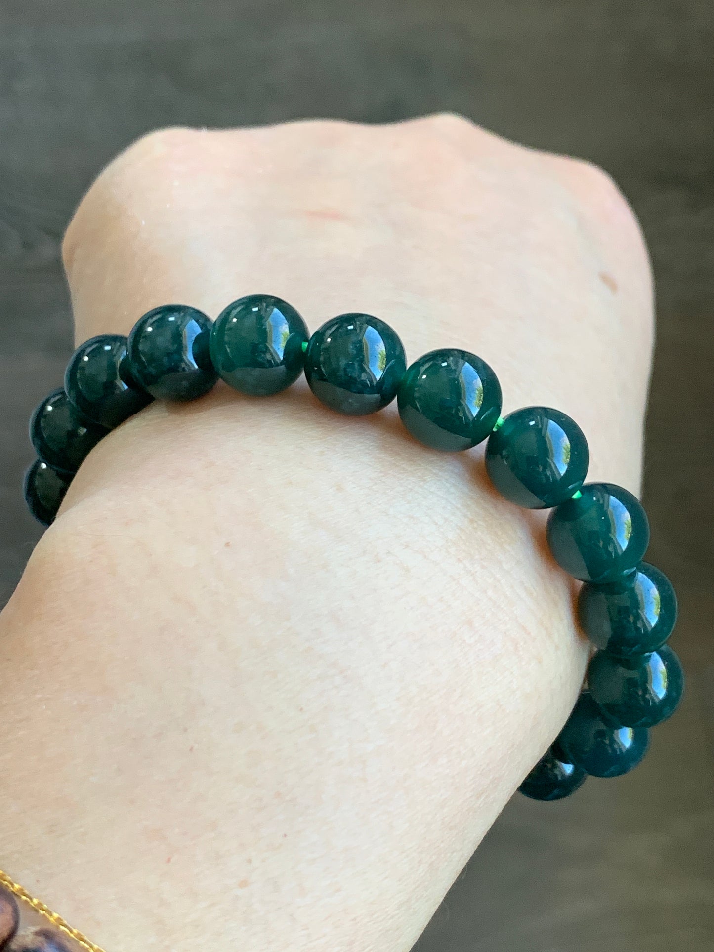 Natural Grade A Icy Translucent Gelatinous Dark Teal Green Jadeite Beaded Bracelet 9.9mm 7.25” 34g WLC300