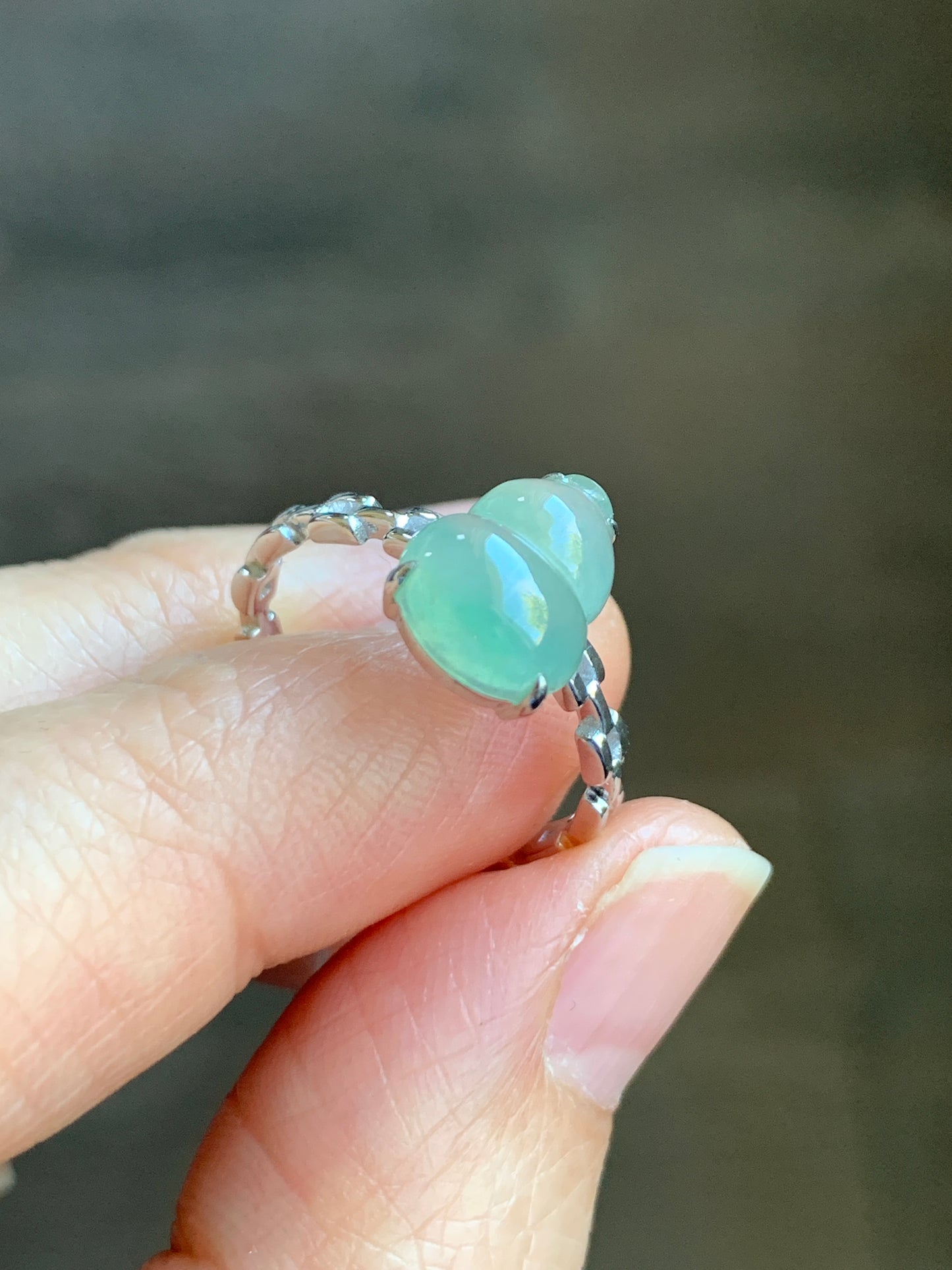 Certified Natural Grade A Premium Icy Highly Translucent Light Green Jadeite Hulu Gourd Ring Buckle Link 18K White Gold Sz 7 天然正冰起光晴色翡翠葫芦镶嵌戒指