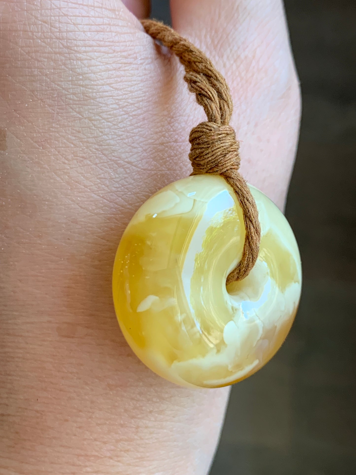Natural Genuine Beewax Amber Large Ping An Kou Donut Rope Necklace 13g 25” Adjustable HPK550 天然蜜蜡平安扣吊坠怪件