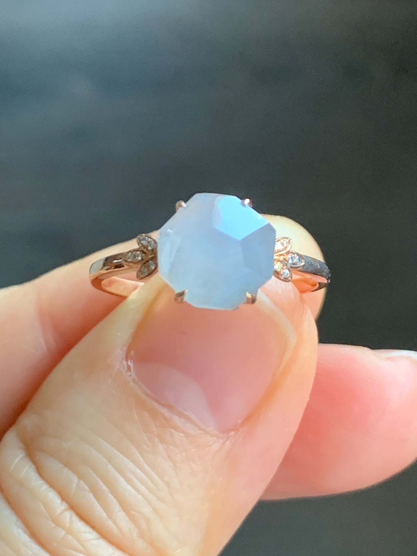 Certified Grade A Natural Icy Translucent Light Purple Jadeite Faceted Cabochon Ring 18K Rose Gold Diamonds Size 7 US 2.26g 天然冰紫翡翠切割面镶嵌钻石戒指