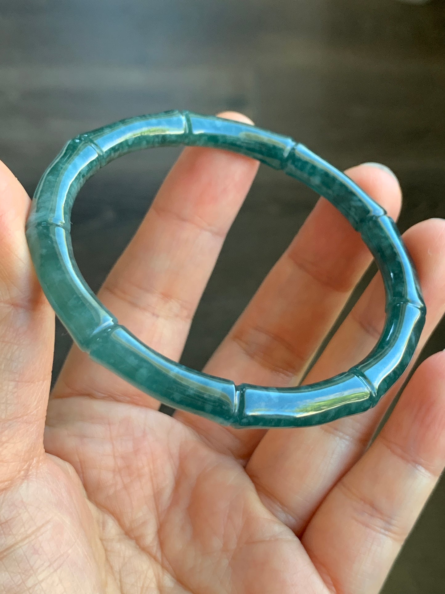 Certified Natural Grade A Icy Translucent Gelatinous Dark Teal Green Jadeite Carved Bamboo Bangle Bracelet 56.6mm 7” 20g 天然冰危深篮绿翡翠竹节手镯 7826