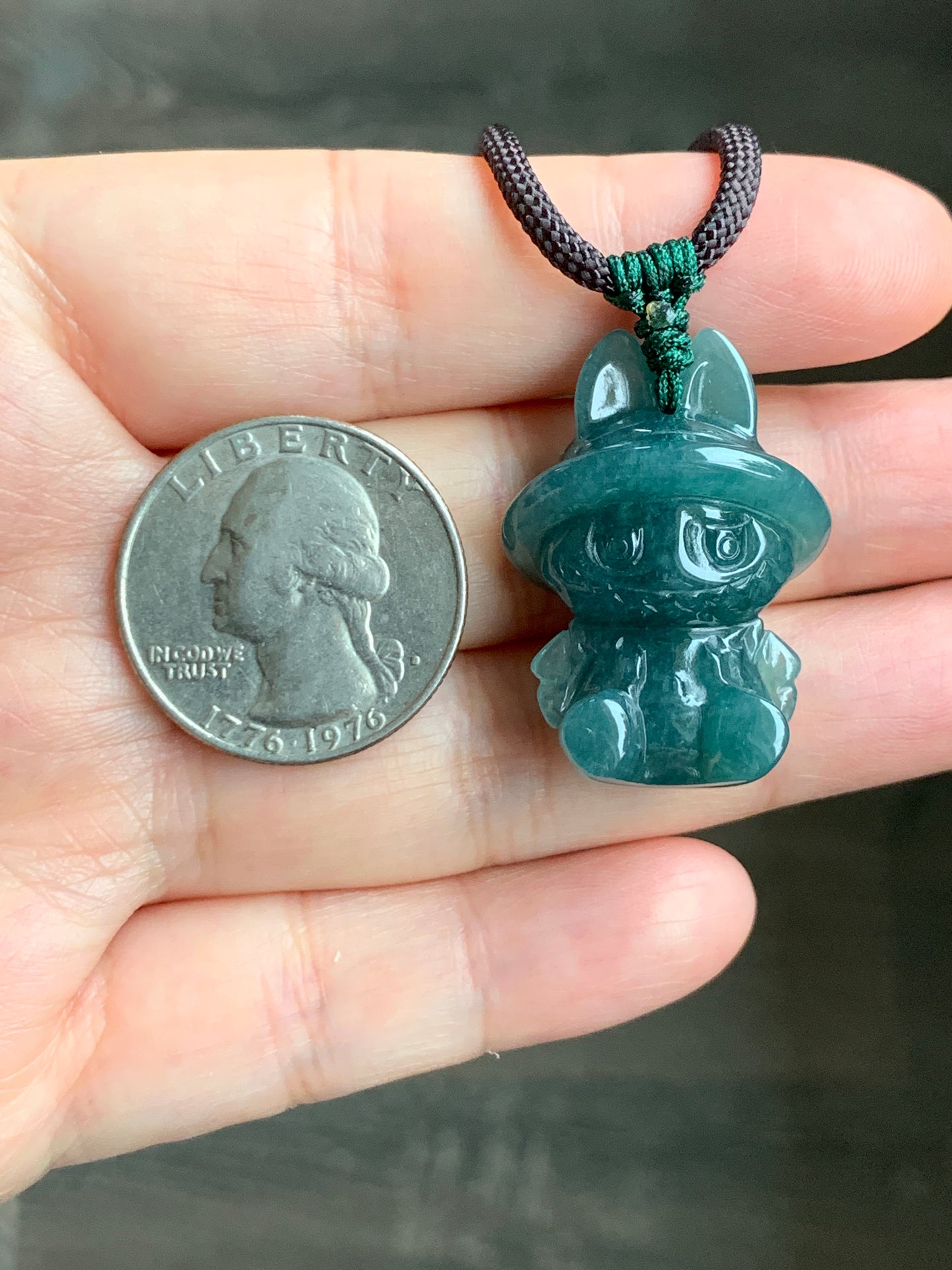 Natural Grade A Guatemalan Icy Translucent Gelatinous Dark Teal Blue Jade Jadeite Carved Labubu Pendant Rope Necklace 26” 天然冰胶危深蓝绿翡翠拉布布吊坠 LBB88