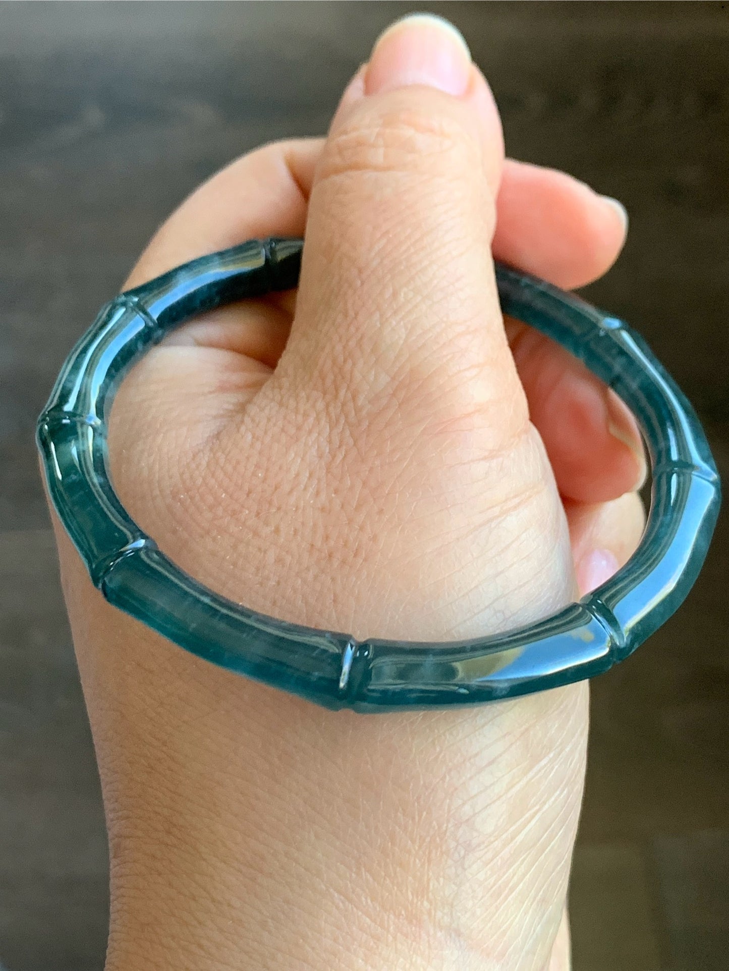Natural Grade A Icy Translucent Gelatinous Dark Teal Green Jadeite Carved Bamboo Bangle Bracelet 56.7mm 7” 19g 天然冰危深篮绿翡翠竹节手镯 ZJ600-3