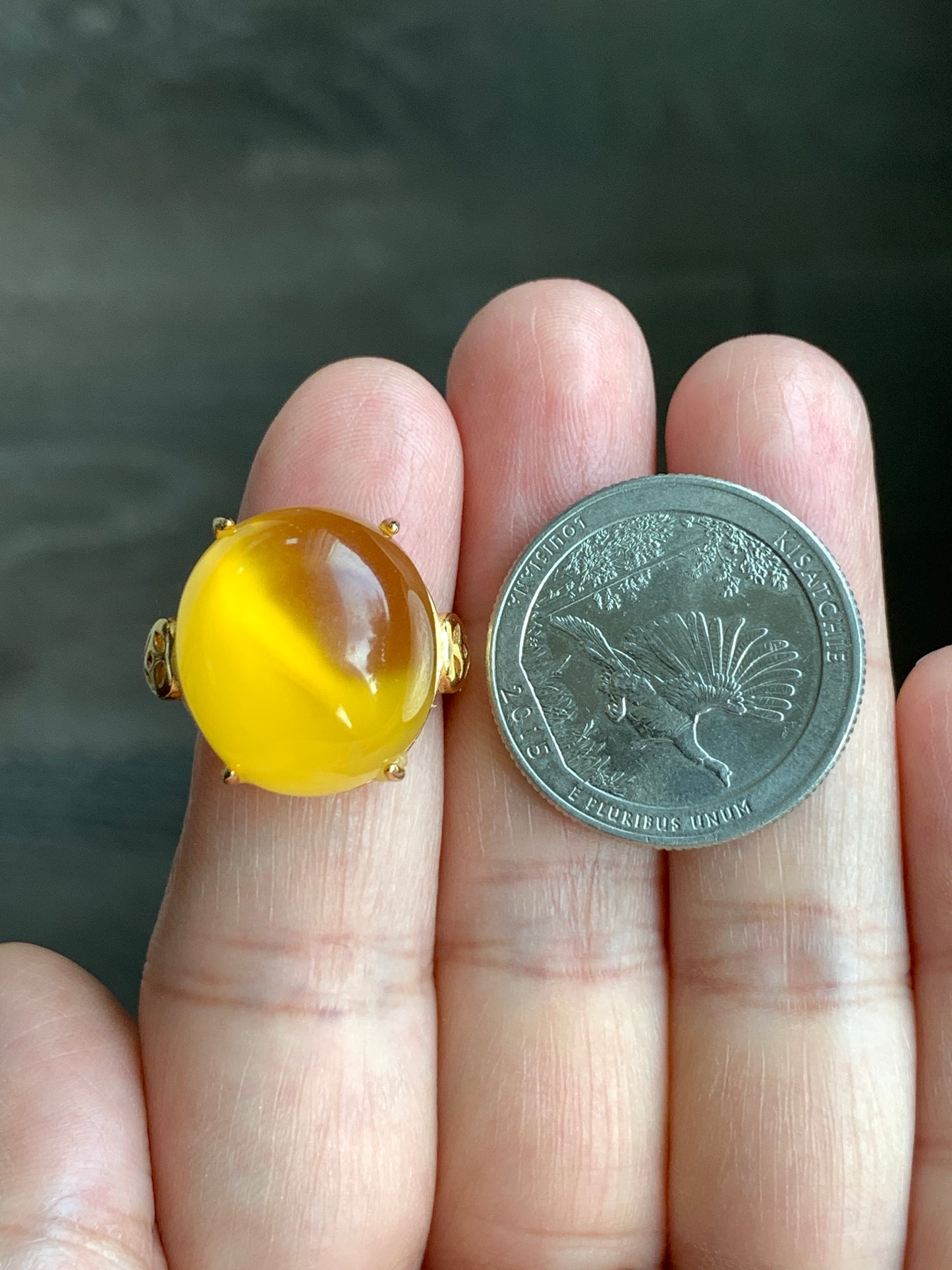 Natural Genuine Beewax Amber Large Oval Cabochon Sterling Silver Solitaire Ring Size 7 Adjustable 天然蜜蜡椭圆银镶戒指 MDD95-B