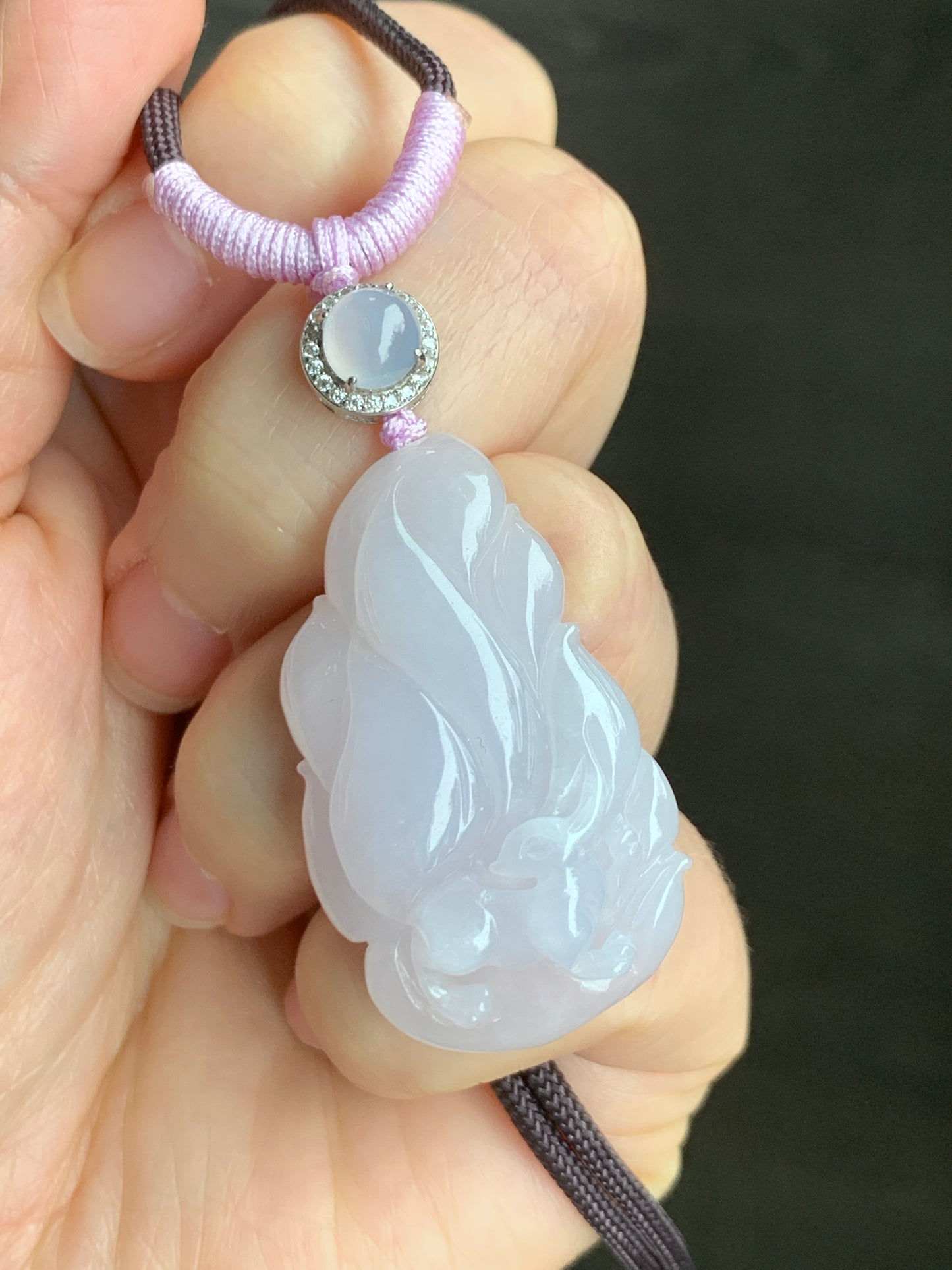 Certified Natural Grade A Icy Translucent Pastel Pinkish Purple Jadeite Carved Nine-Tailed Fox Pendant Rope Necklace 27” 天然冰胶淡粉紫翡翠九尾狐吊坠 3269