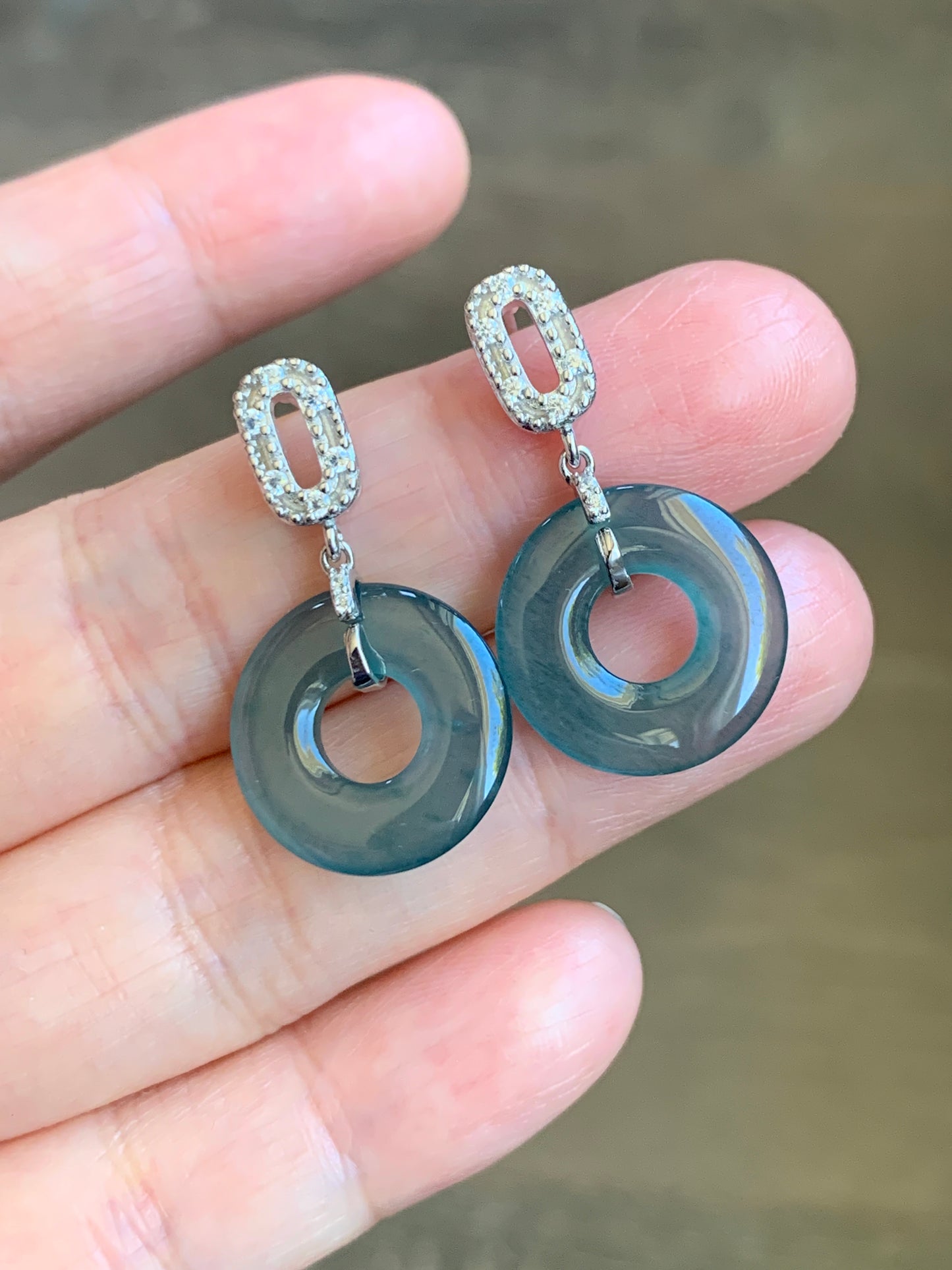 Natural Guatemalan Icy Translucent Dark Teal Blue Jadeite Ping An Kou Donut Stud Earrings Sterling Silver天然冰危深蓝绿翡翠平安扣耳钉