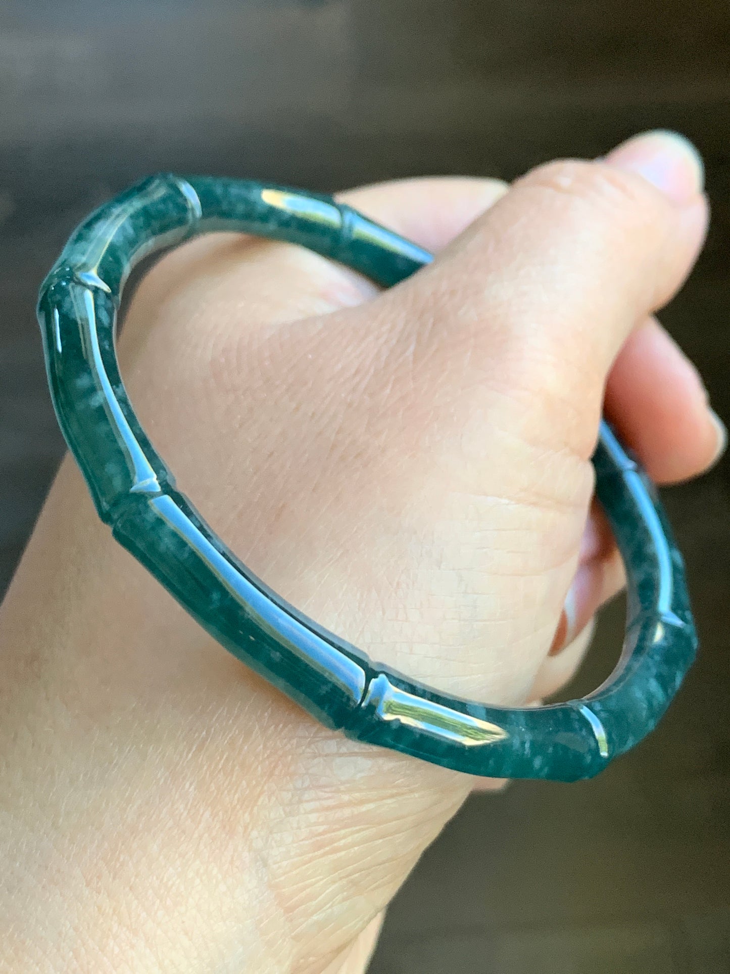 Certified Natural Grade A Icy Translucent Gelatinous Dark Teal Green Jadeite Carved Bamboo Bangle Bracelet 60.7mm 7.5” 21g 天然冰危深篮绿翡翠竹节手镯 7829