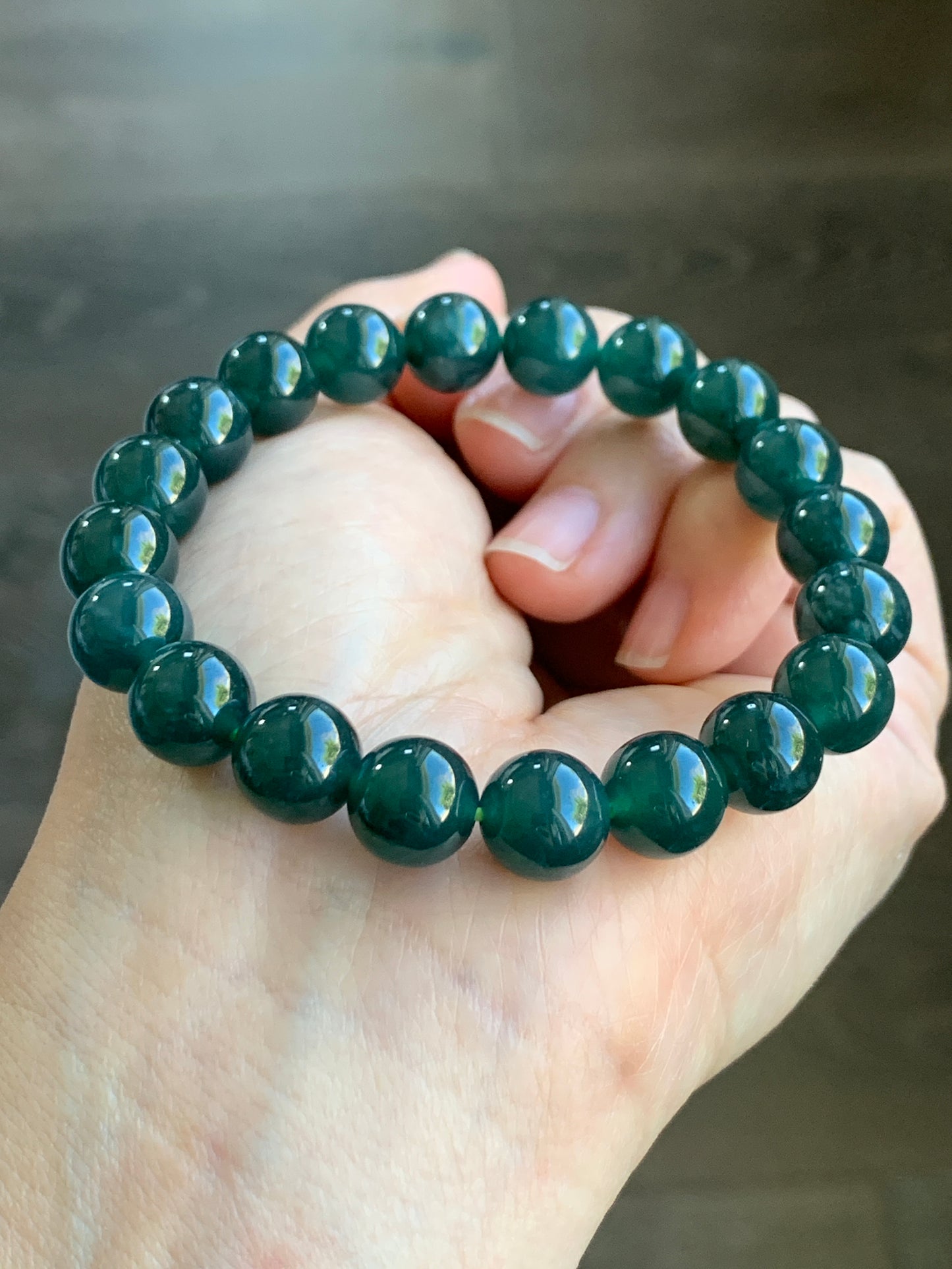 Natural Grade A Icy Translucent Gelatinous Dark Teal Green Jadeite Beaded Bracelet 9.9mm 7.25” 34g WLC300