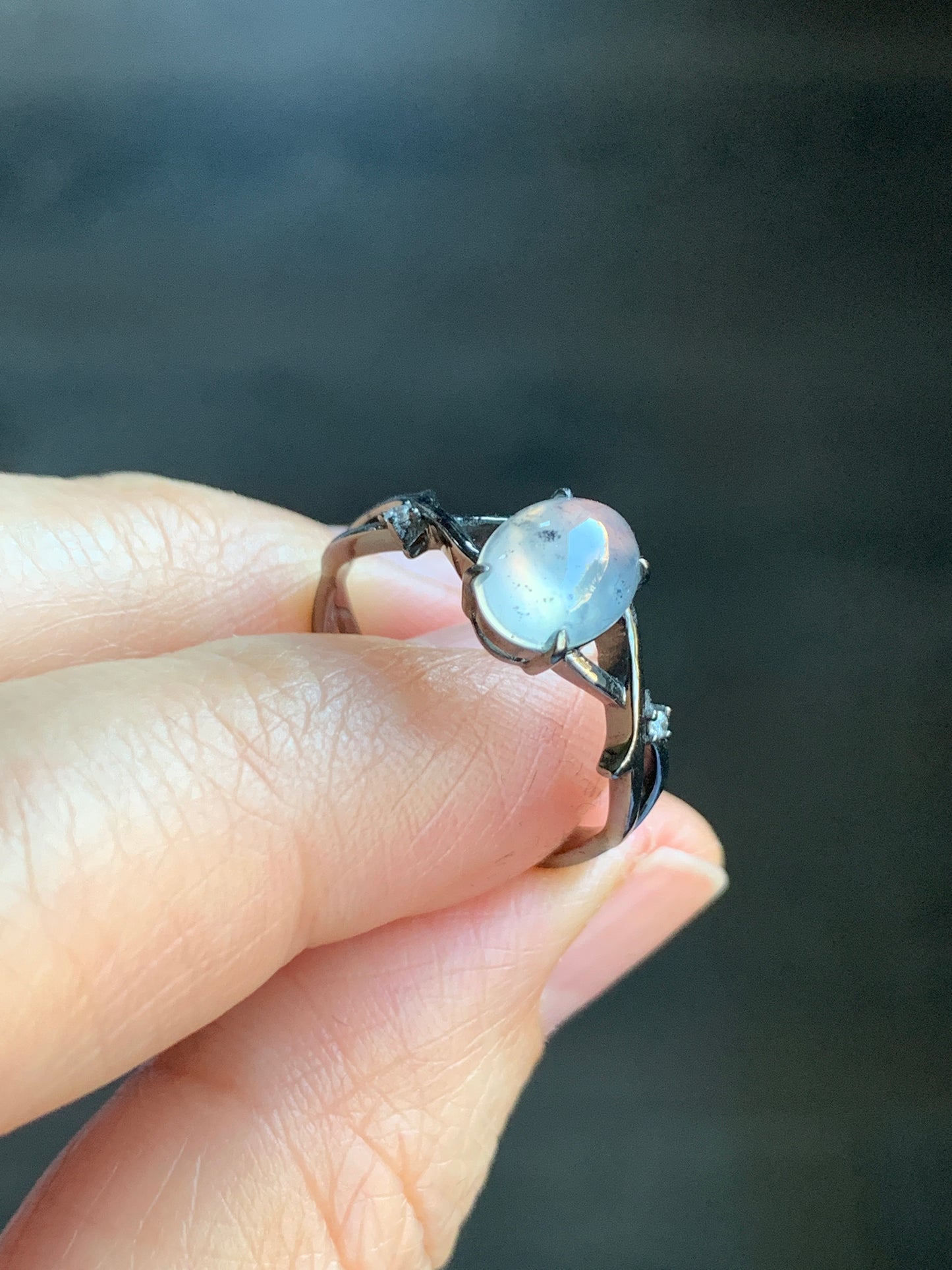 Certified Natural Grade A Premium Icy Transparent Wuji Marbled Jadeite Oval Solitaire Ring 18K Black Gold Diamonds Size 6.75 US 天然起光冰乌鸡翡翠黑金钻石戒指