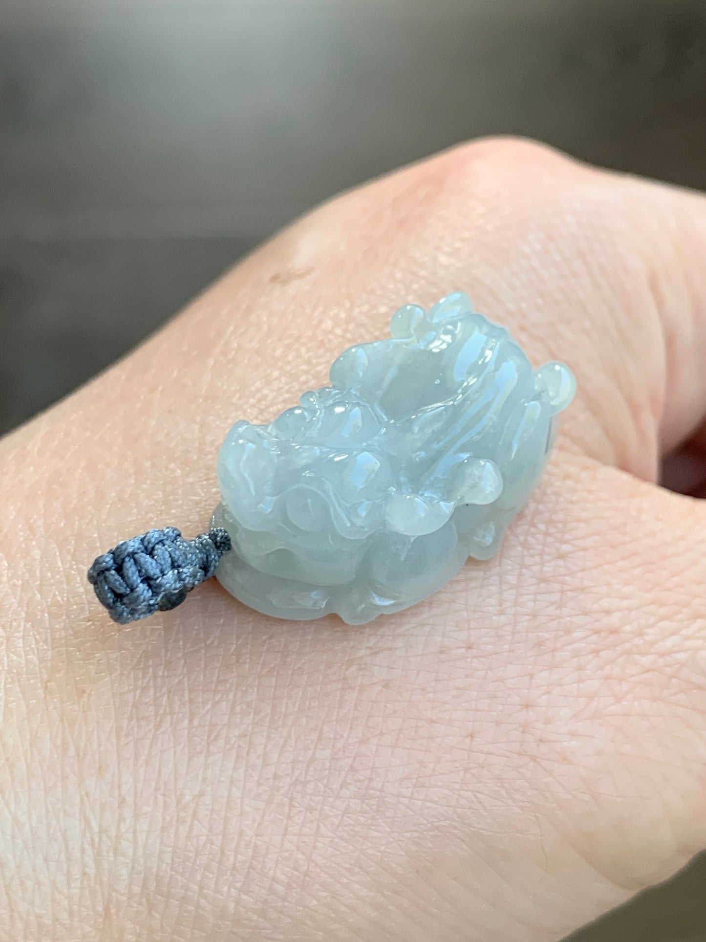 Natural Grade A Icy Translucent Gelatinous Pastel Dusty Blue Jadeite Pixiu Pendant Rope Bail with Black Cord Necklace 11g 天然冰胶淡蓝翡翠貔貅吊坠