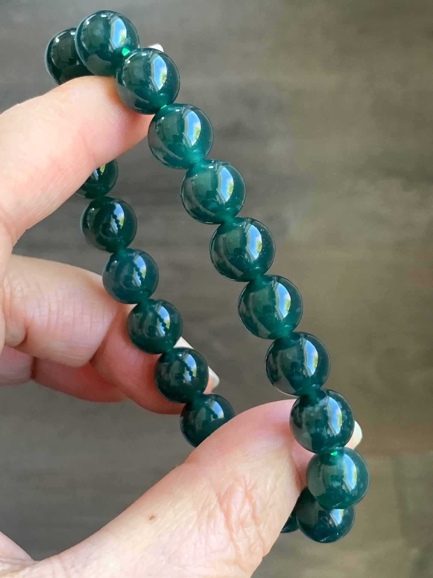 Natural Grade A Icy Translucent Gelatinous Dark Teal Green Jadeite Beaded Bracelet 9.9mm 7.25” 34g WLC300