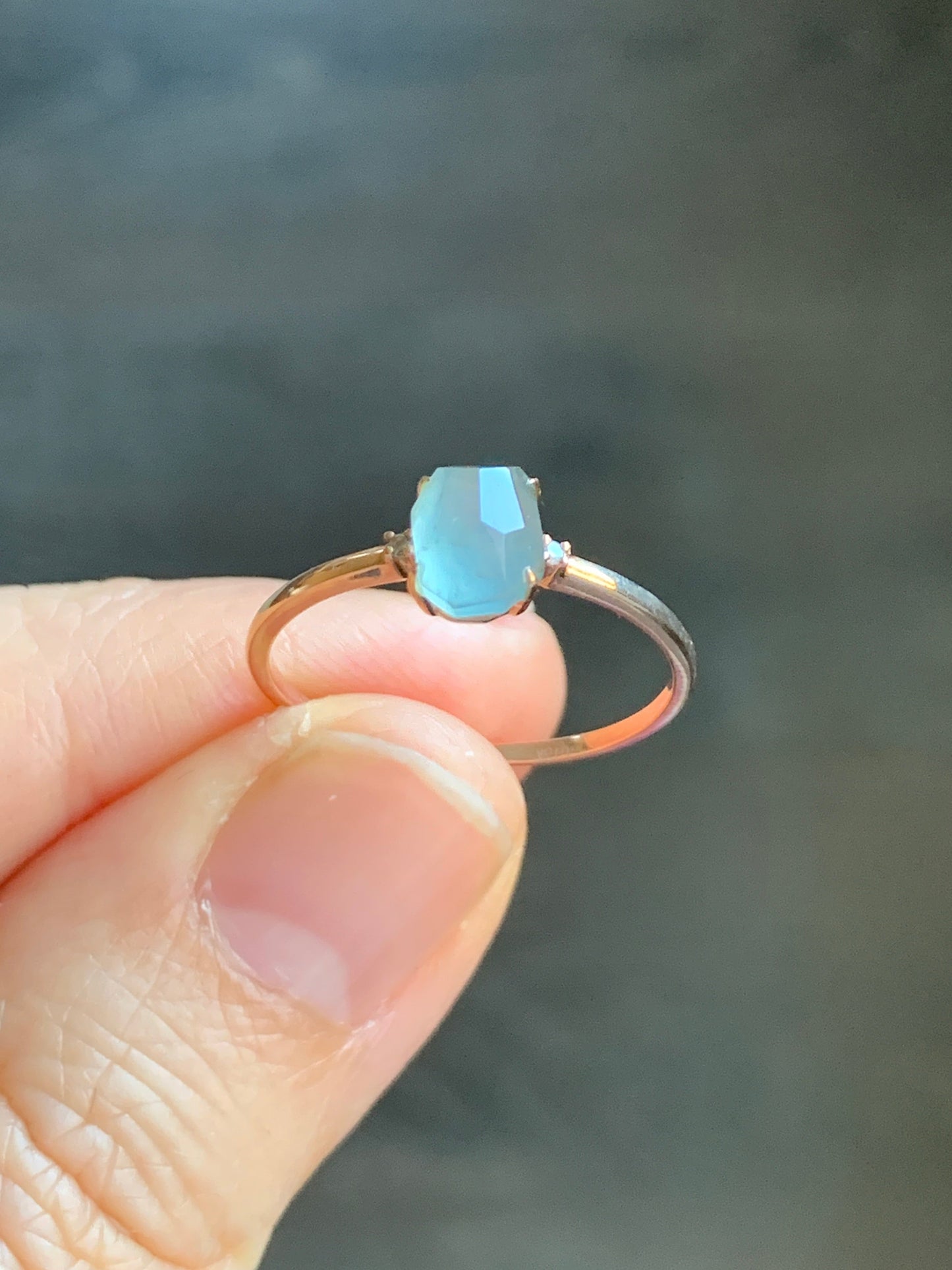 Certified Natural Grade A Icy Translucent Light Blue Jadeite Faceted Cabochon Solitaire Ring 18K Rose Gold Diamonds Sz 7 天然天空蓝翡翠切割面钻石镶嵌戒指