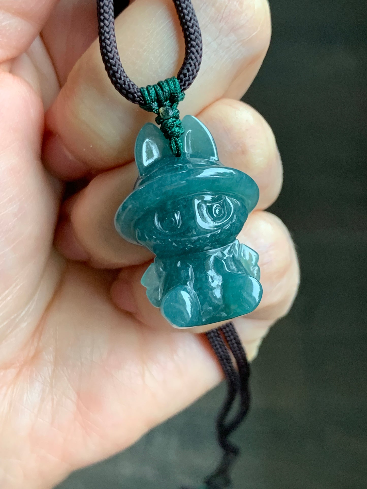 Natural Grade A Guatemalan Icy Translucent Gelatinous Dark Teal Blue Jade Jadeite Carved Labubu Pendant Rope Necklace 26” 天然冰胶危深蓝绿翡翠拉布布吊坠 LBB88