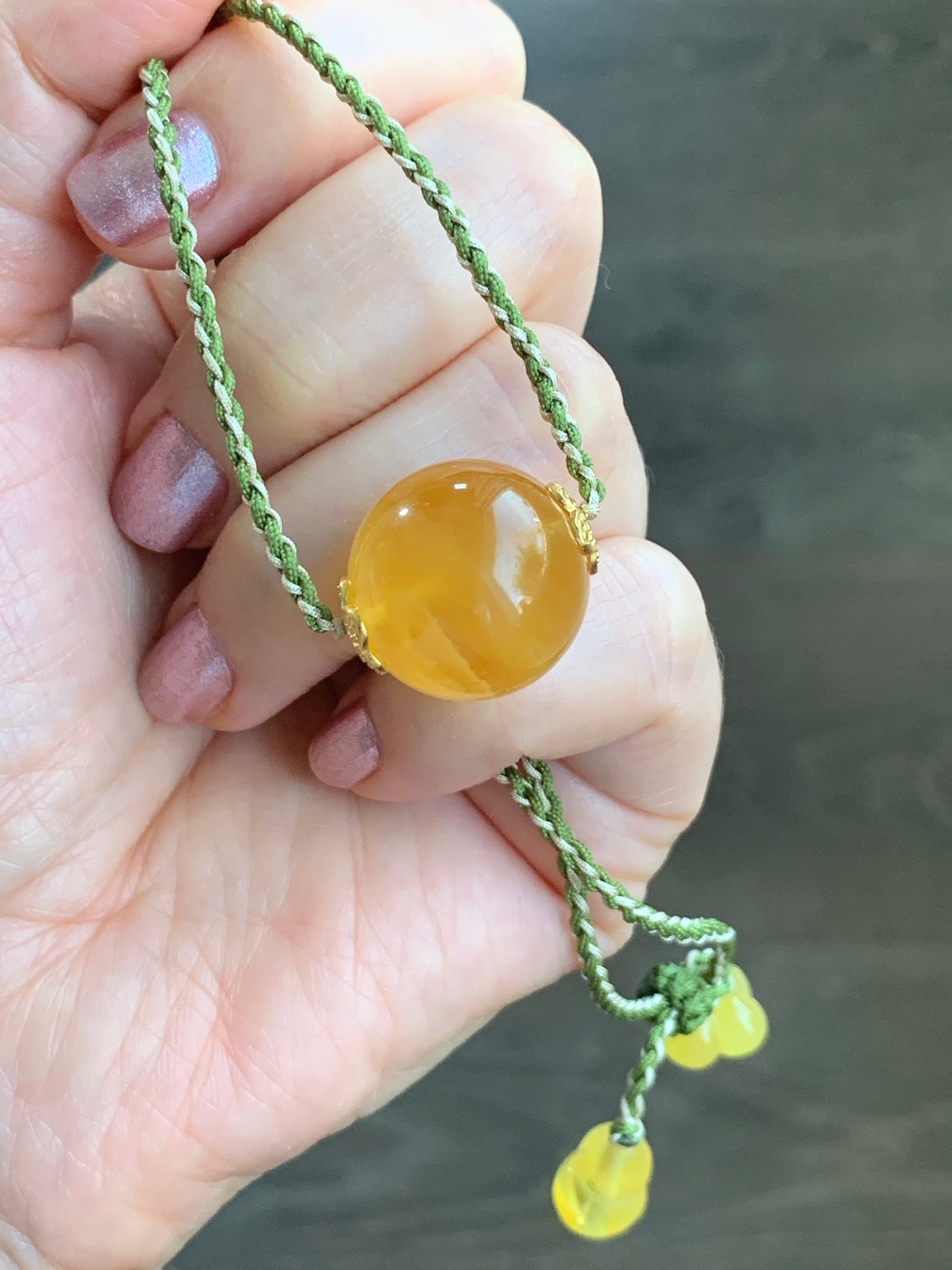 Natural Honeybee Wax Amber Large Sphere Rope Necklace w/ Amber Charms Sterling Silver 17” Adjustable