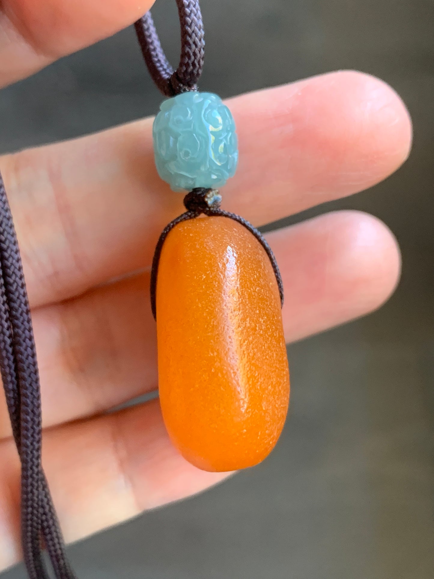 Natural Beewax Amber Large Square Donut Natural Guatemalan Light Dusty Blue Engraved Barrel Bead Necklace Sterling Silver