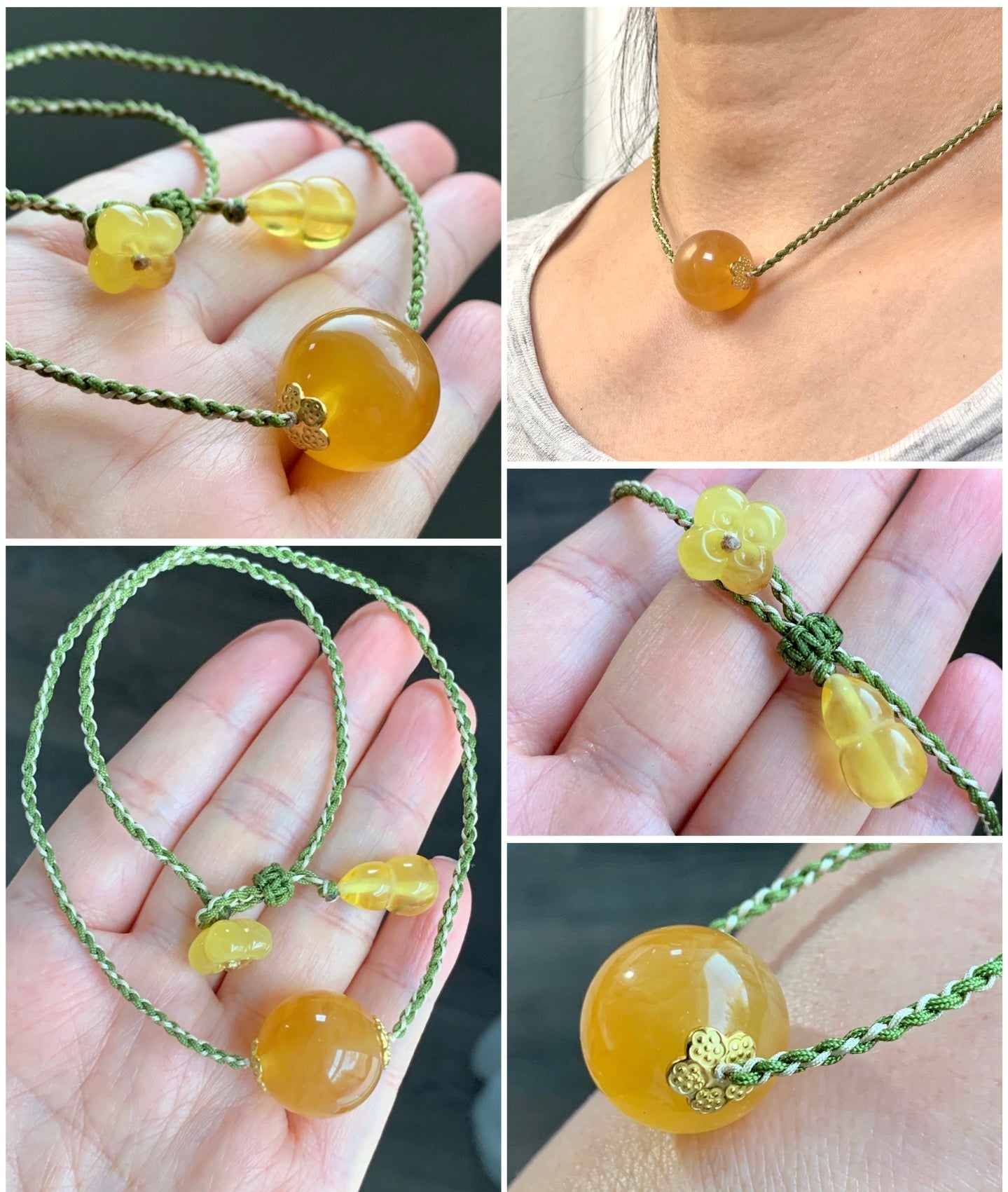 Natural Honeybee Wax Amber Large Sphere Rope Necklace w/ Amber Charms Sterling Silver 17” Adjustable
