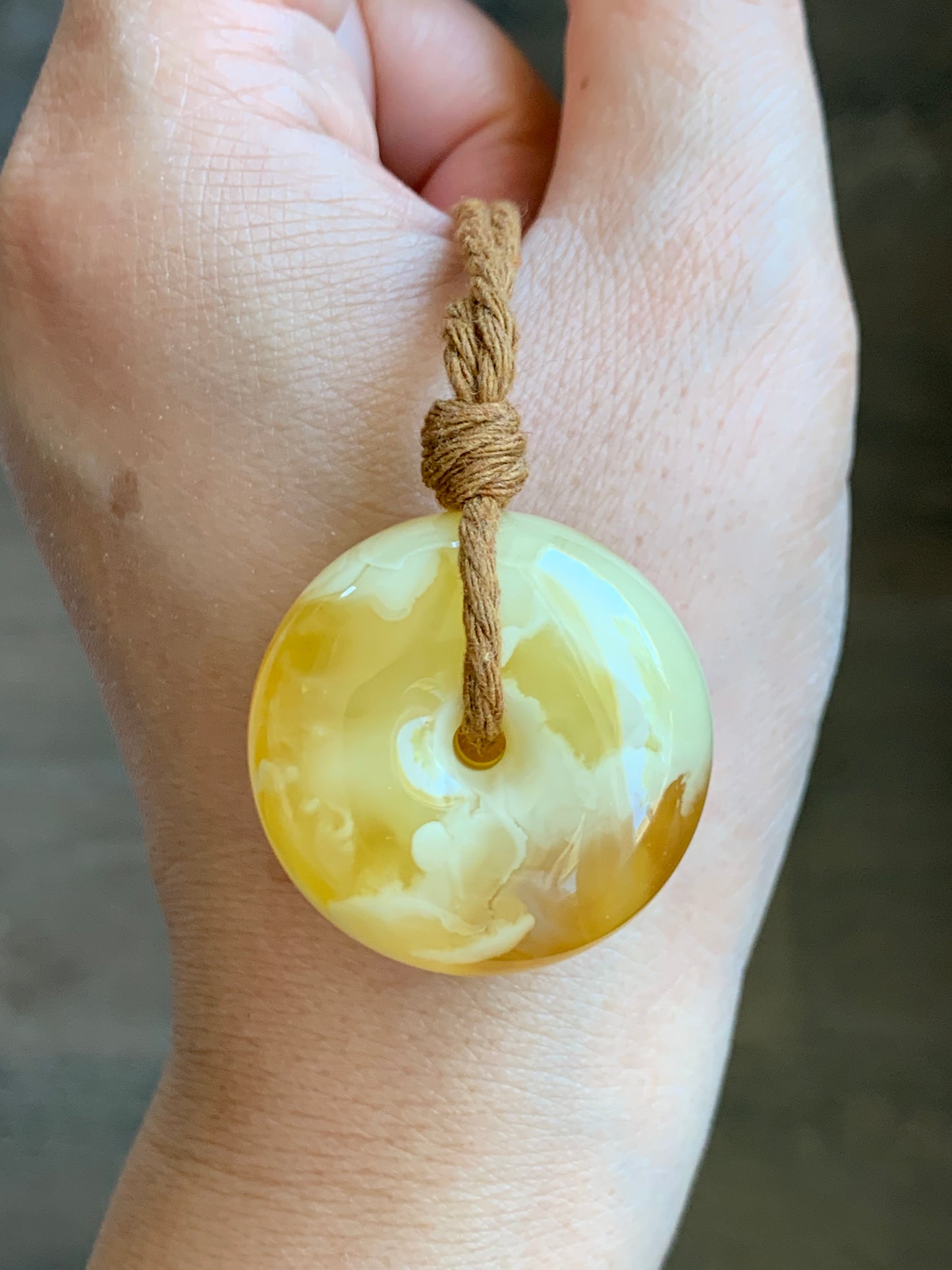 Natural Genuine Beewax Amber Large Ping An Kou Donut Rope Necklace 13g 25” Adjustable HPK550 天然蜜蜡平安扣吊坠怪件