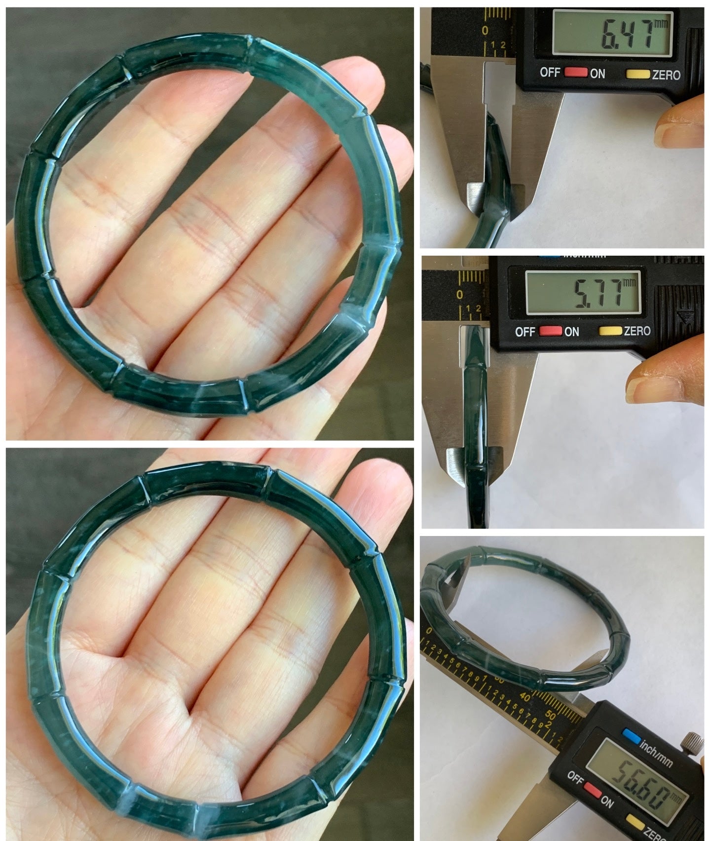 Natural Grade A Icy Translucent Gelatinous Dark Teal Green Jadeite Carved Bamboo Bangle Bracelet 56.6mm 7” 20g 天然冰危深篮绿翡翠竹节手镯 ZJ480-3