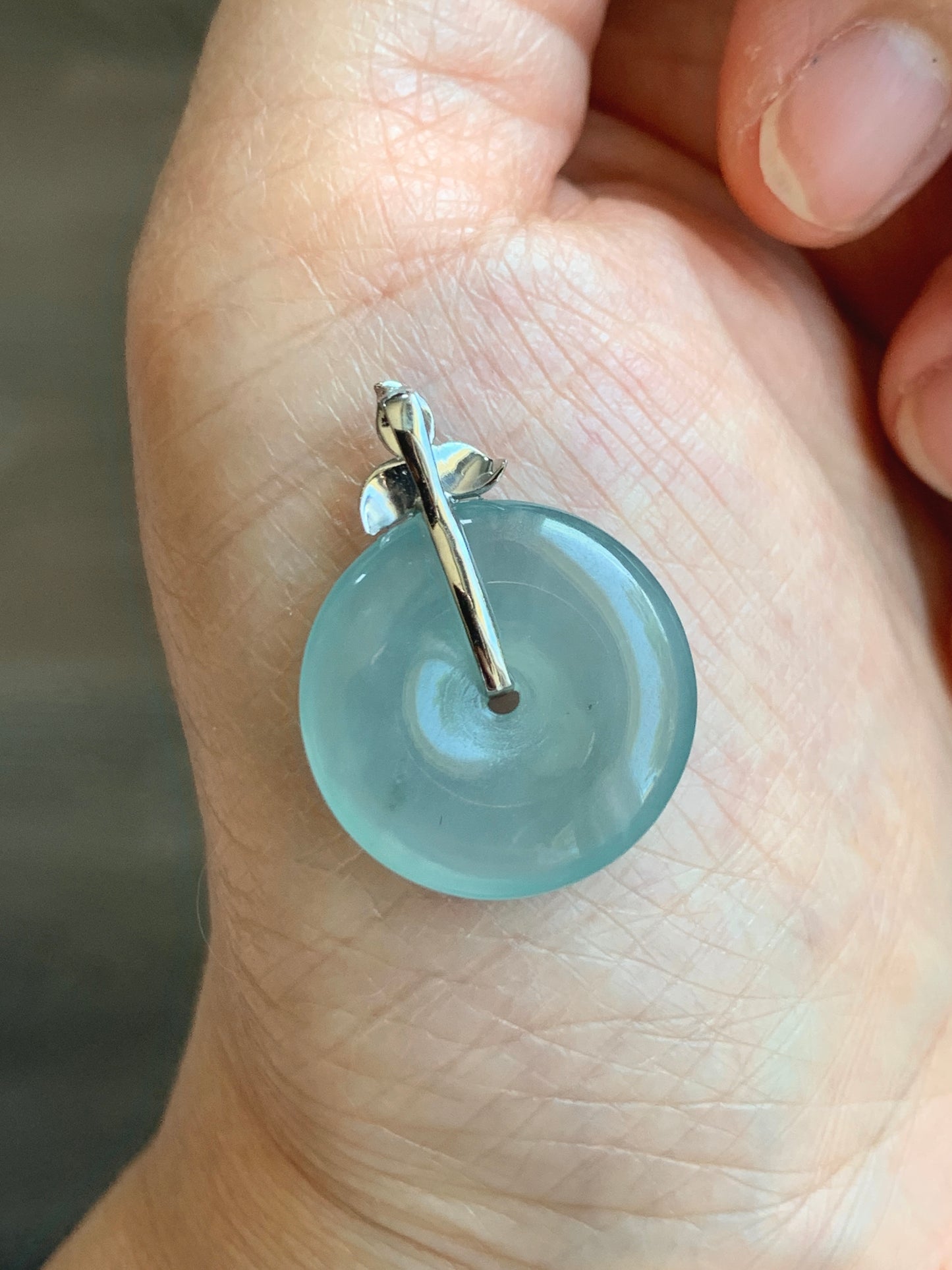 Certified Natural Guatemalan Icy Highly Translucent Light Teal Blue Jadeite Ping An Kou Donut Pendant 14K White Gold 天然冰危蓝绿平安扣镶嵌吊坠 9457