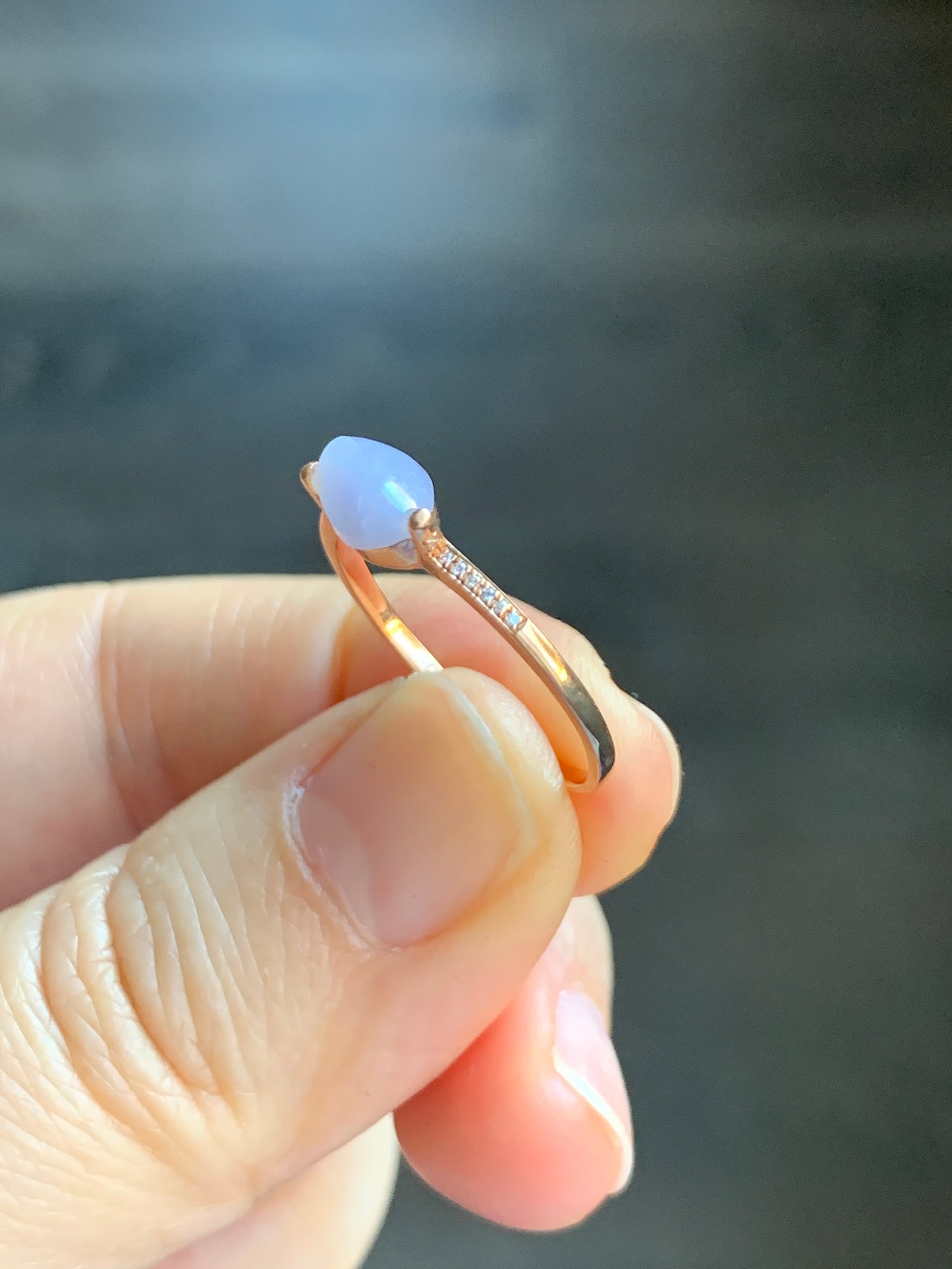 Certified Icy Light Lavender Horse Eye Cut Jadeite Ring 18K Rose Gold with Diamonds Sz 7 US 1.54g 天然冰紫翡翠马眼钻石镶嵌戒指