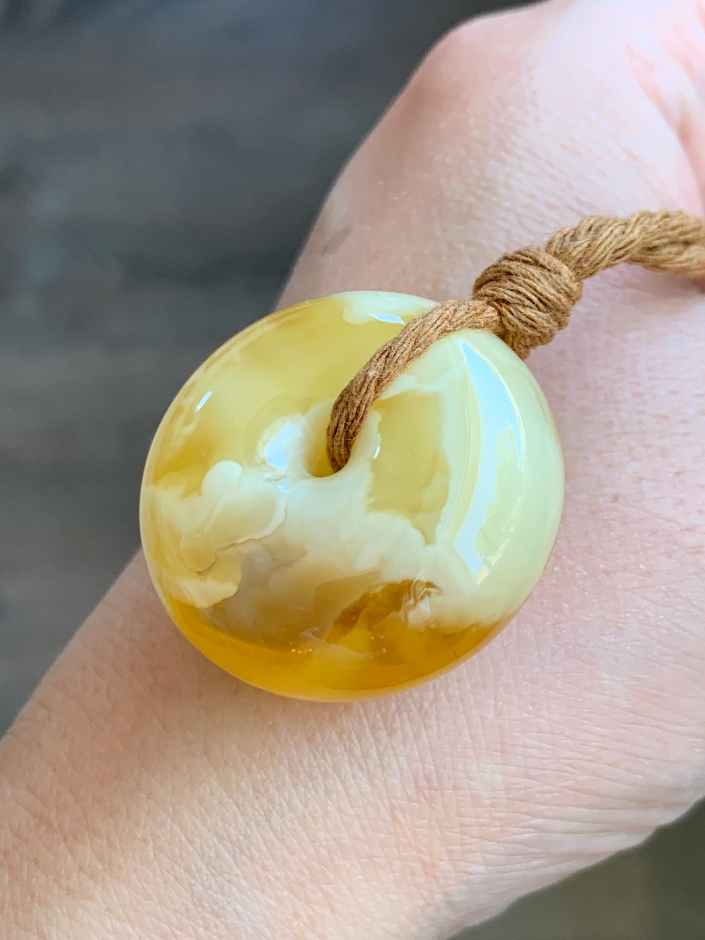 Natural Genuine Beewax Amber Large Ping An Kou Donut Rope Necklace 13g 25” Adjustable HPK550 天然蜜蜡平安扣吊坠怪件