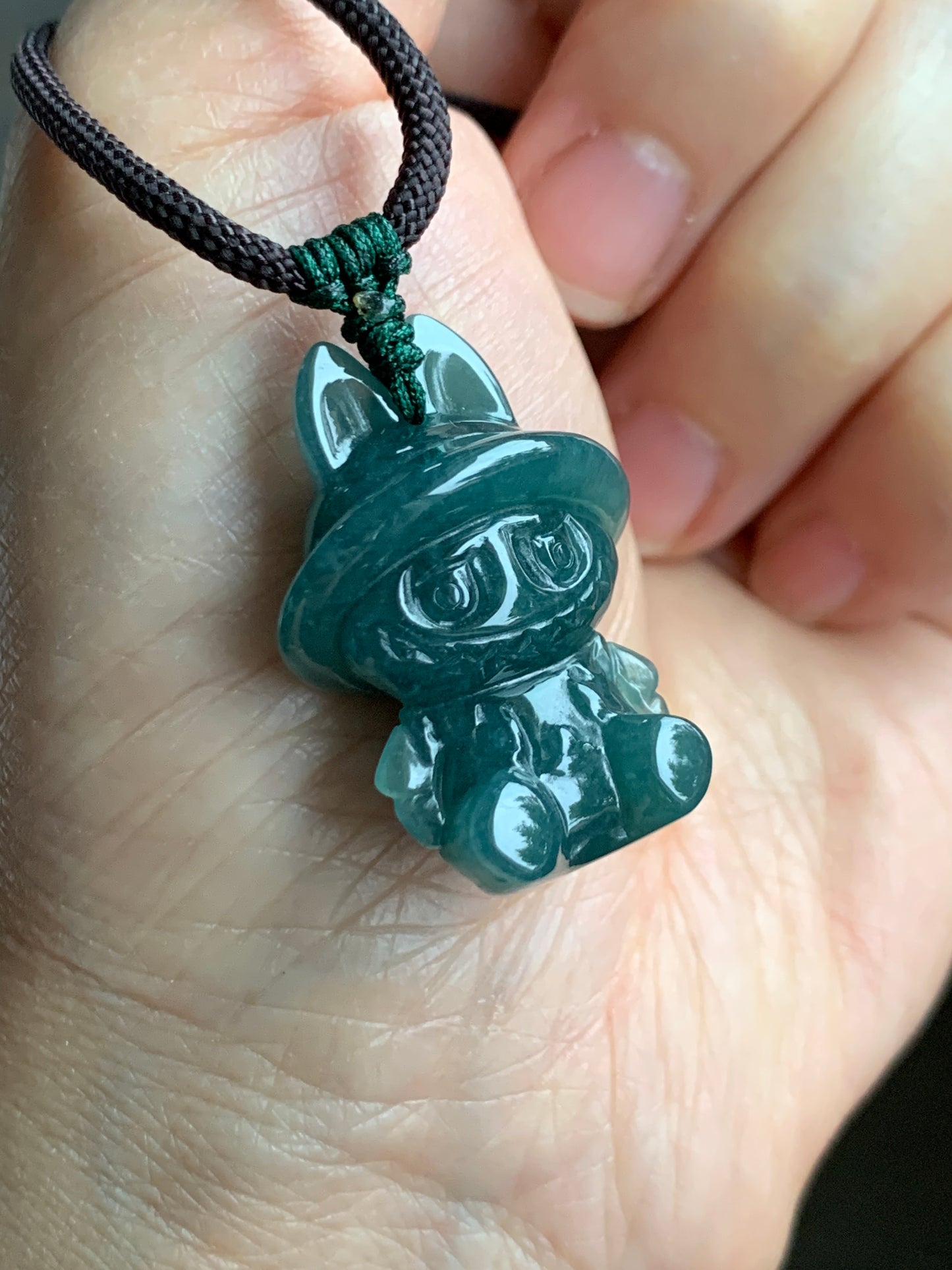 Natural Grade A Guatemalan Icy Translucent Gelatinous Dark Teal Blue Jade Jadeite Carved Labubu Pendant Rope Necklace 26” 天然冰胶危深蓝绿翡翠拉布布吊坠 LBB88