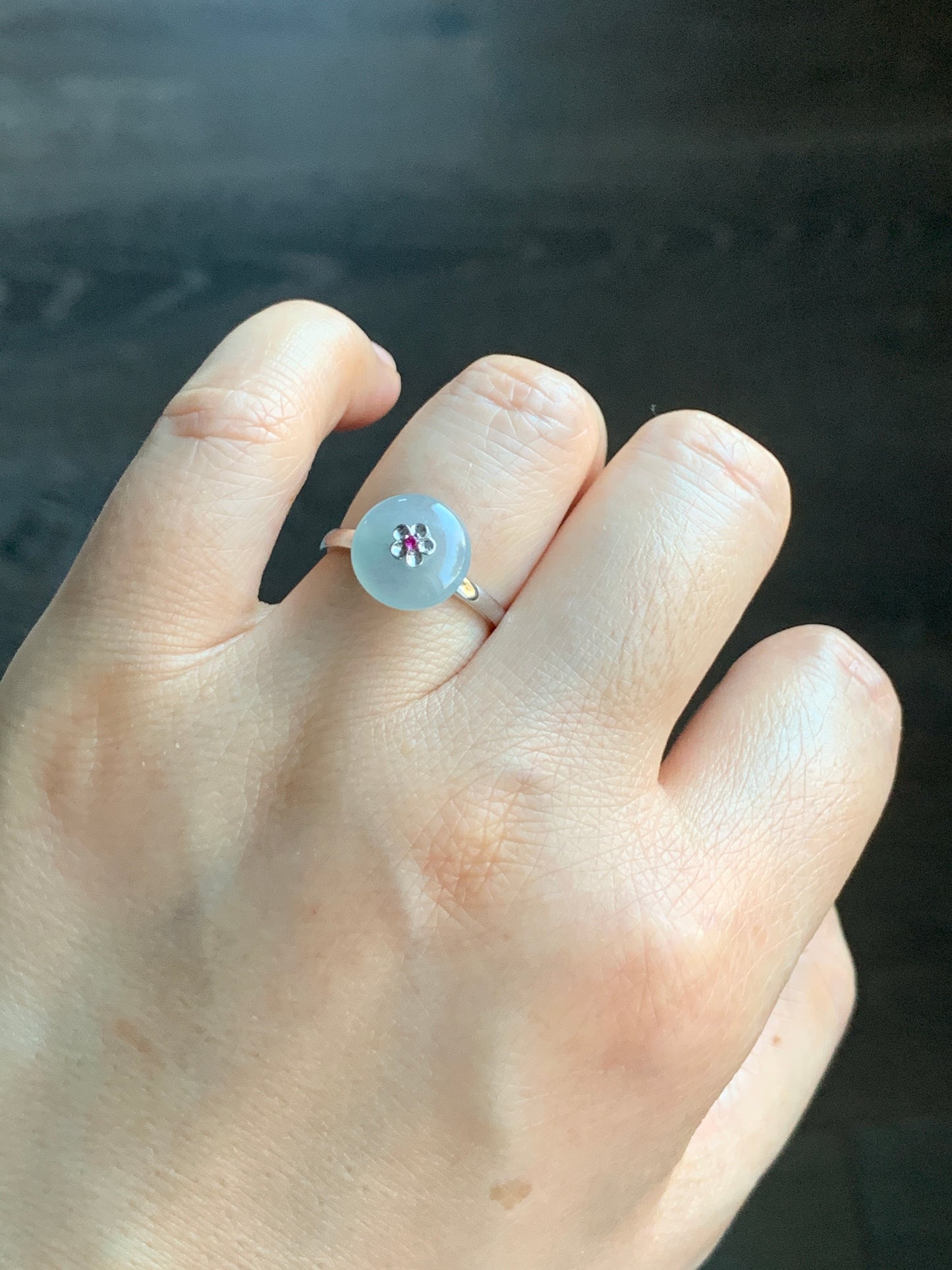 Certified Grade A Natural Icy Highly Translucent Gelatinous Light Blue Jadeite Drum Bead Ring 18K White Gold Ruby Sz 7 US 天然冰胶淡蓝翡翠鼓珠红宝石镶嵌戒指