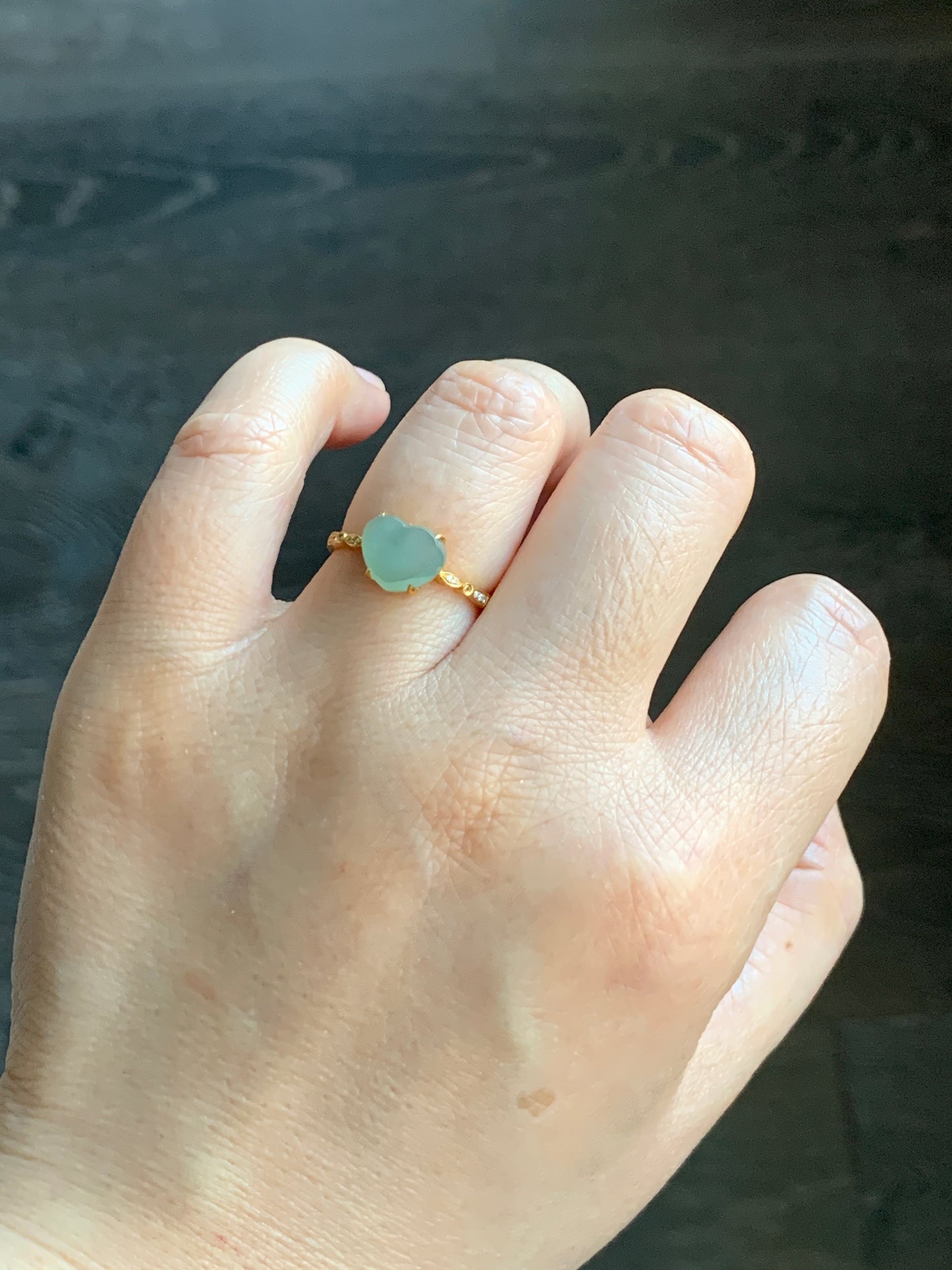 Certified Grade A Natural Premium Icy Light Green Faceted Jadeite Heart Cabochon 18K Yellow Gold Diamond Ring Sz 6.75 US 2.1g 天然正冰晴底翡翠切割面爱心钻石戒指