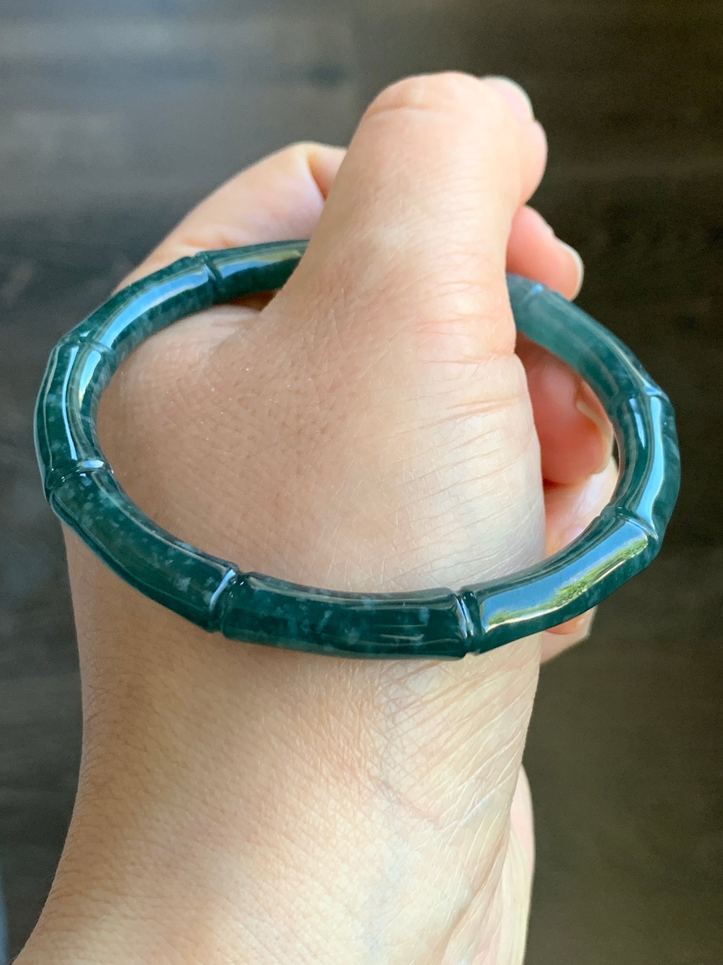 Certified Natural Grade A Icy Translucent Gelatinous Dark Teal Green Jadeite Carved Bamboo Bangle Bracelet 56.6mm 7” 20g 天然冰危深篮绿翡翠竹节手镯 7826