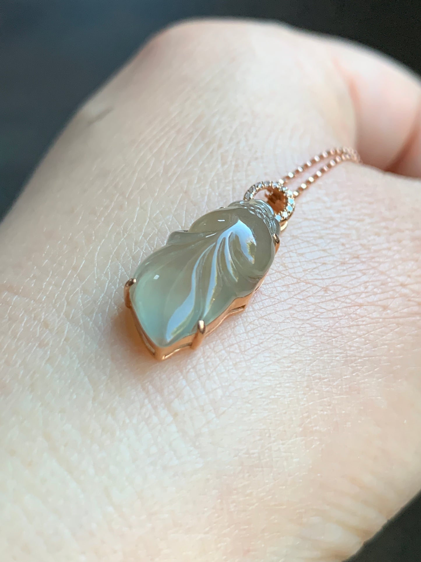 Certified Natural Icy Highly Translucent Gelatinous Red Tea Colored Jadeite Goldfish Pendant 18K Rose Gold Diamonds 天然老种冰红茶翡翠金鱼钻石镶嵌吊坠 7338