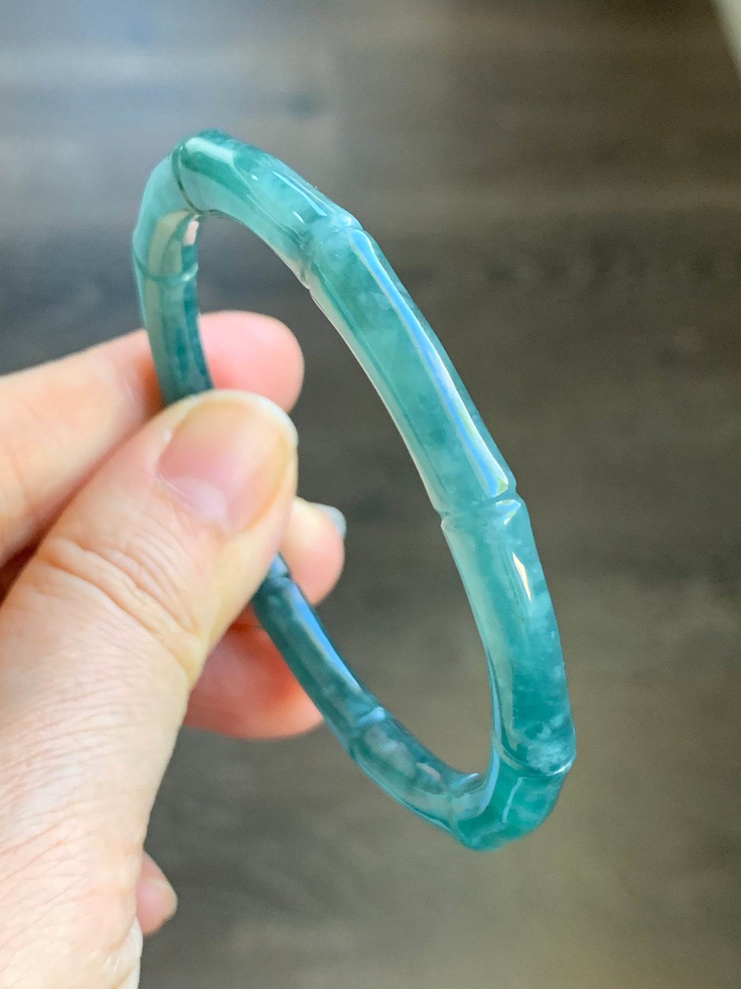 Certified Natural Grade A Icy Translucent Gelatinous Dark Teal Green Jadeite Carved Bamboo Bangle Bracelet 56.6mm 7” 20g 天然冰危深篮绿翡翠竹节手镯 7826