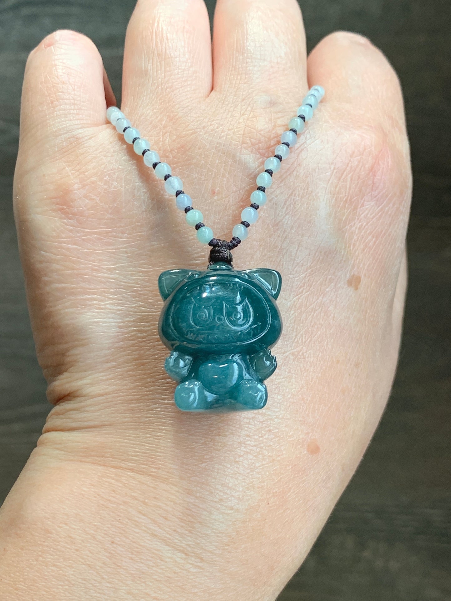 Natural Grade A Guatemalan Icy Translucent Dark Teal Blue Jade Jadeite Carved Labubu Pendant Beaded Necklace 23.5” 天然冰危深蓝绿翡翠吊坠 LBB138