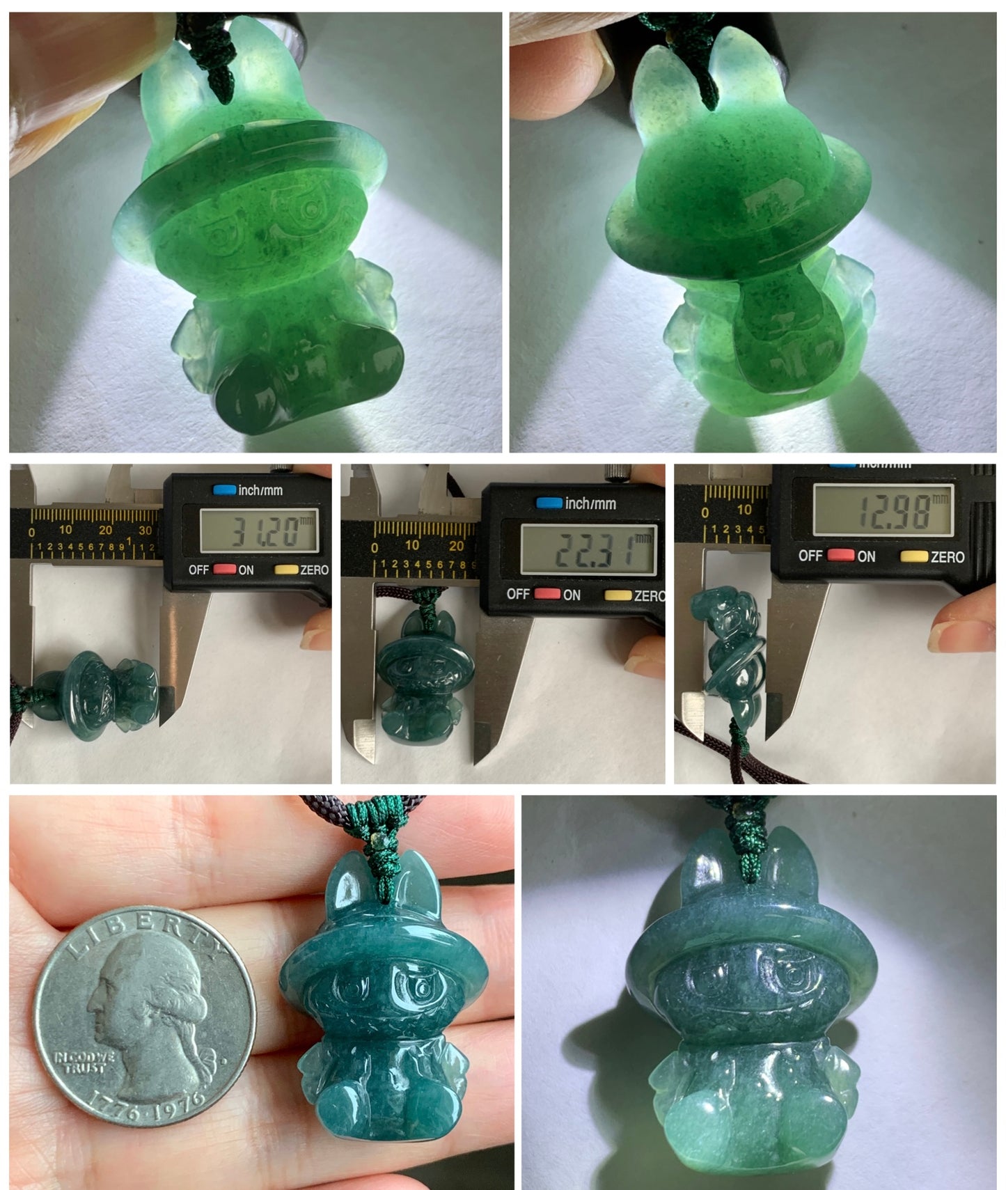 Natural Grade A Guatemalan Icy Translucent Gelatinous Dark Teal Blue Jade Jadeite Carved Labubu Pendant Rope Necklace 26” 天然冰胶危深蓝绿翡翠拉布布吊坠 LBB88