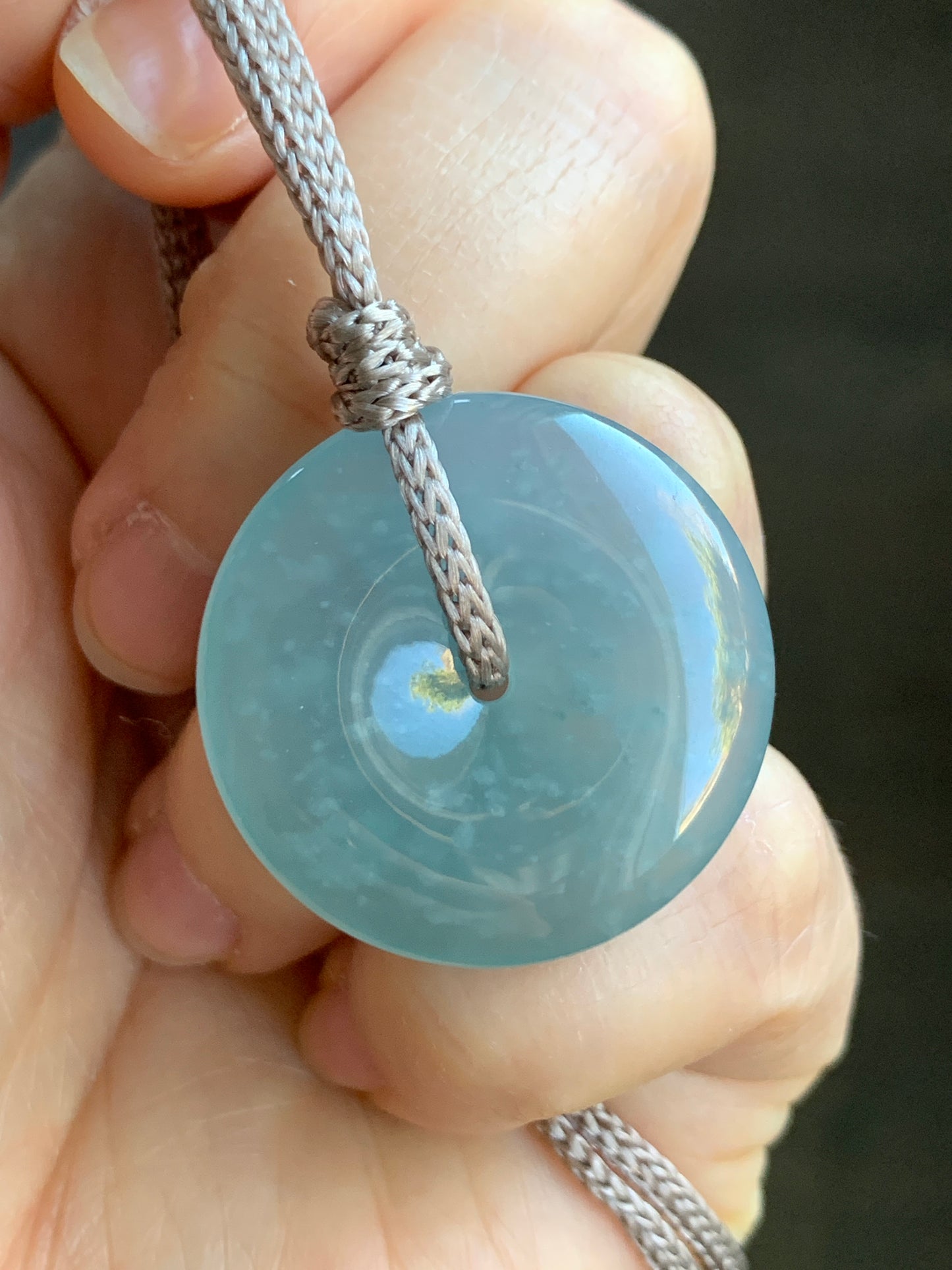 Certified Natural Icy Highly Translucent Premium Light Blue Jadeite Ping An Kou Donut Pendant Rope Necklace Adjustable 26” 天然冰危淡蓝起胶起光翡翠平安扣吊坠 7831