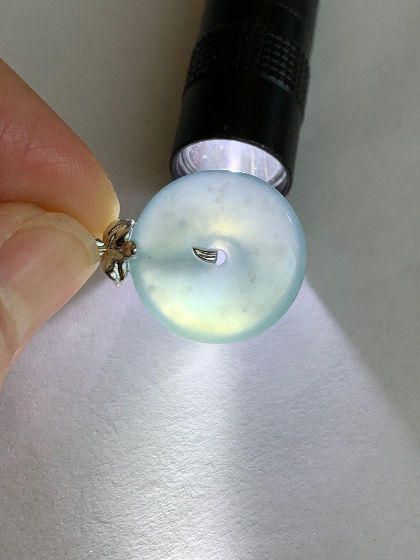 Certified Natural Guatemalan Icy Highly Translucent Light Teal Blue Jadeite Ping An Kou Donut Pendant 14K White Gold 天然冰危蓝绿平安扣镶嵌吊坠 9457